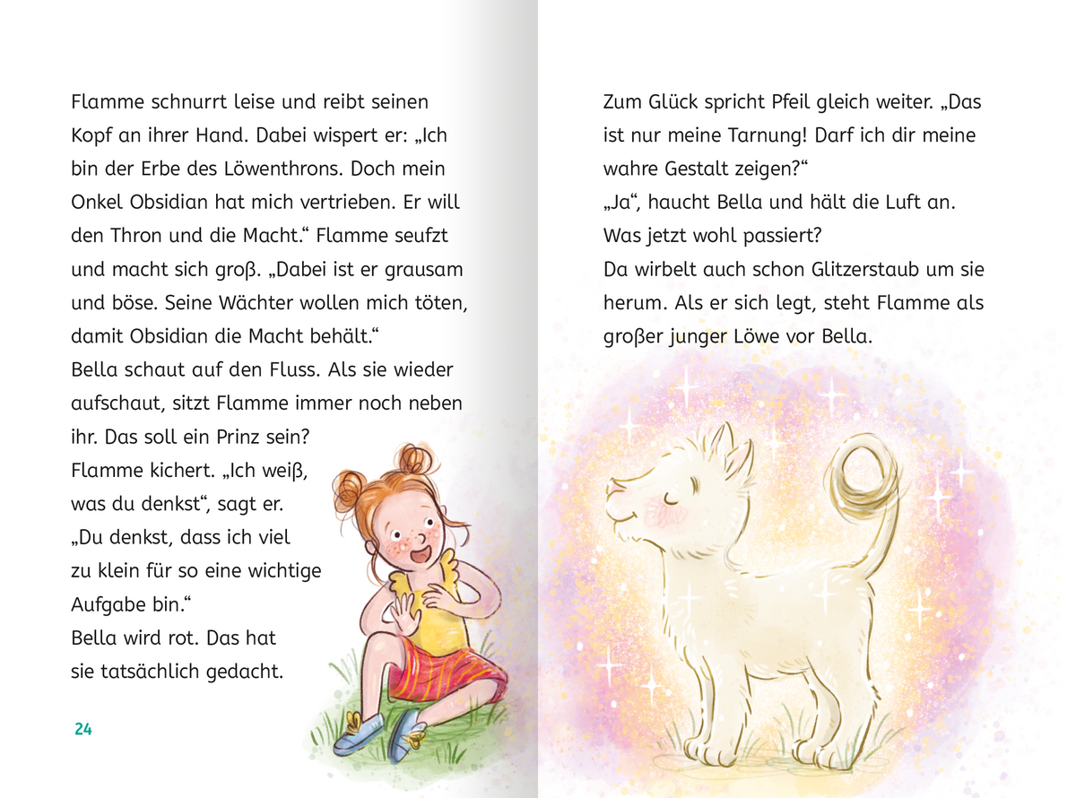 Gezeigt wird eine Innen- oder Zusatzansicht von „Zauberkätzchen“. Die Seite zeigt eine kolorierte Illustration in sanften Pastelltönen, mit einem kleinen Mädchen, das im Vordergrund auf dem Boden sitzt und einen weißen Kater sanft streichelt. Der Kater hat große, neugierige Augen. Im Hintergrund ist ein sanfter Lichtschein zu erkennen, der eine märchenhafte Atmosphäre schafft. Die Schrift ist freundlich und klar, in einer gut lesbaren Typografie, die den Text auf der linken Seite...
