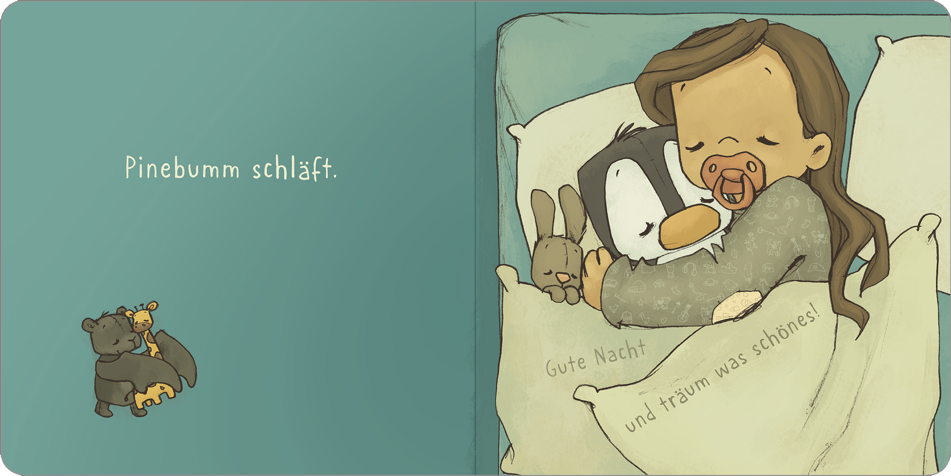 Gezeigt wird eine Innenansicht von „Pinebumm ist müde“. Die Illustration zeigt ein Mädchen mit einem Schnuller, das in einem gemütlichen Bett schläft und dabei einen niedlichen Pinguin sowie einen Hasen umarmt. Die Farbpalette besteht aus sanften Blau- und Grüntönen, die eine beruhigende Atmosphäre schaffen. Der Text „Pinebumm schläft.“ und „Gute Nacht und träum was Schönes!“ sind in einer freundlichen, verspielten Typografie gehalten und in Hellgrau auf einem hellen...