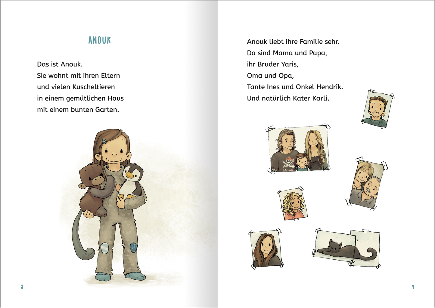 Gezeigt wird eine Innenansicht von „Anouk und das Piraten-ABC“. Auf der linken Seite steht die Illustration von Anouk, einem Mädchen mit braunen Haaren, das einen Pinguin und einen Stoffaffen hält. Sie trägt einen grauen Overall. Die rechte Seite zeigt den Text in klarer, moderner Typografie, der die Familie von Anouk beschreibt. Die Farben sind überwiegend sanft und vielfältig, mit einem hellen Hintergrund, der die freundliche, einladende Atmosphäre des Buches unterstreicht.