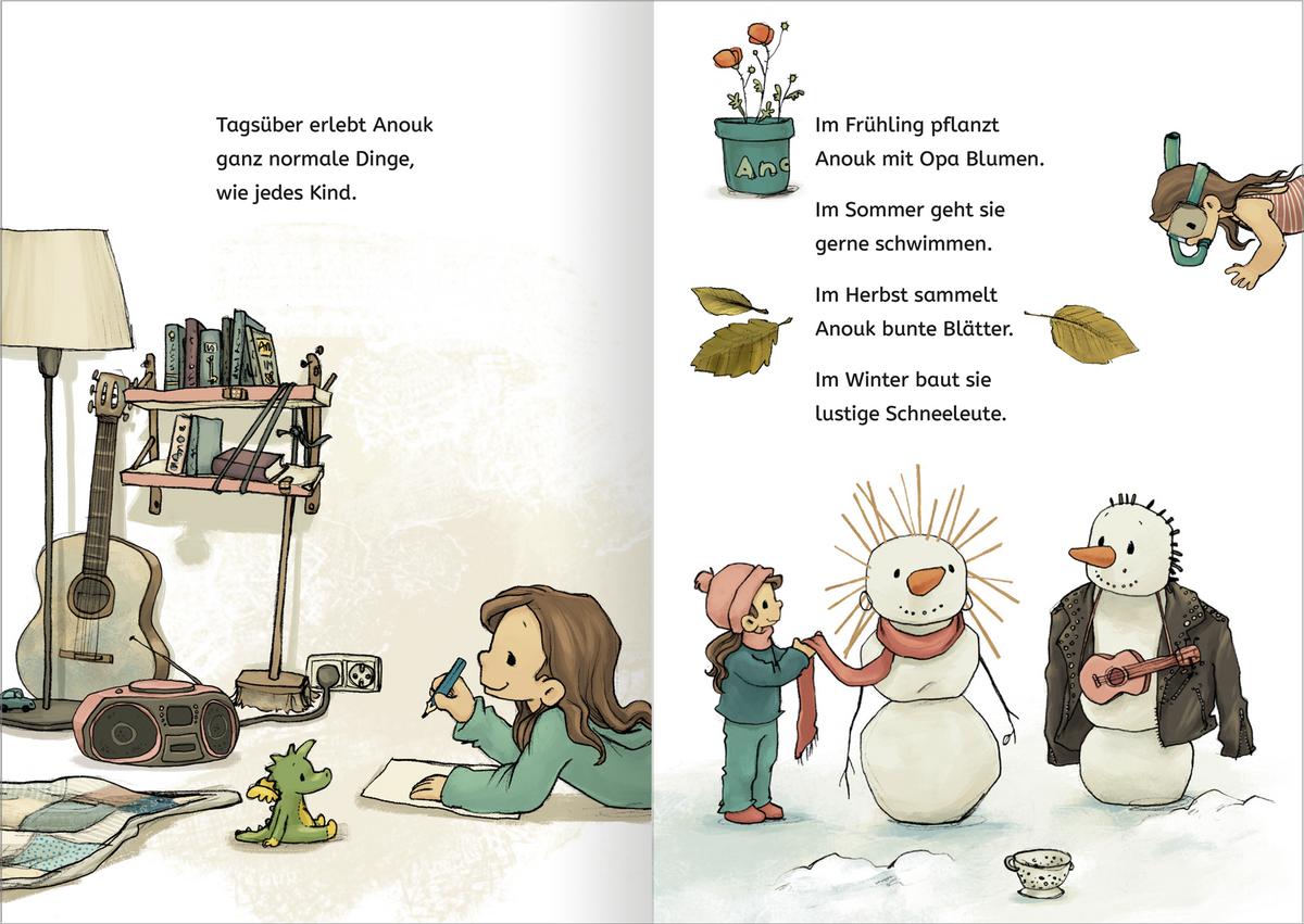 Gezeigt wird eine Innen- oder Zusatzansicht von „Anouk und das Piraten-ABC“. Die Illustration zeigt Anouk in verschiedenen saisonalen Szenen: im Frühling pflanzt sie Blumen, im Sommer schwimmt sie, im Herbst sammelt sie bunte Blätter und im Winter baut sie einen Schneemann. Die Farben sind sanft und einladend, mit hellen Tönen und pastelligen Akzenten. Die Typografie ist klar und in einer gut lesbaren Schriftart gehalten, die die Textpassagen begleitend zu den Bildern darstellt.
