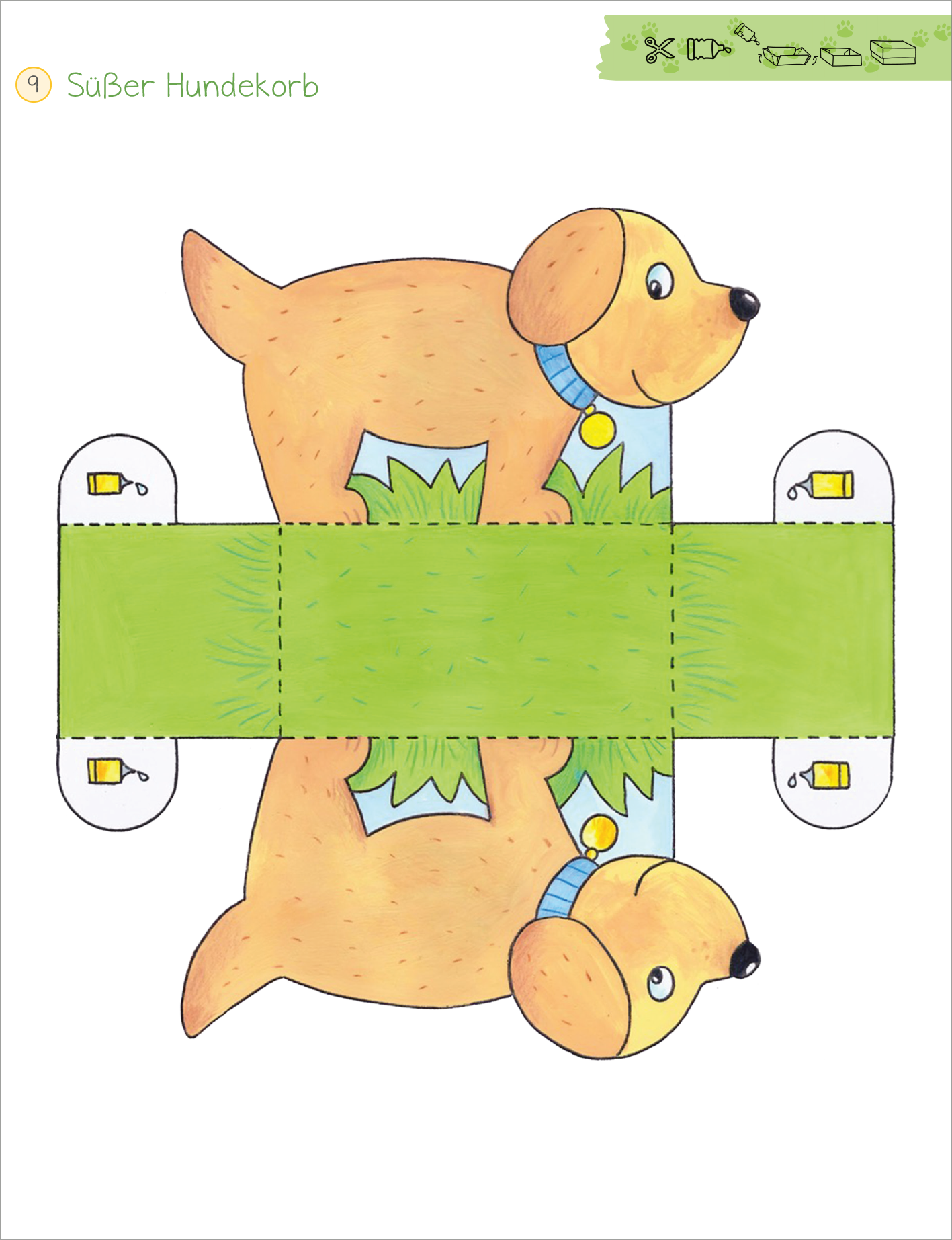 Gezeigt wird eine Innen- oder Zusatzansicht von „Mein erstes großes Tier-Bastelheft“. Die Abbildung zeigt einen Bastelbogen in Form eines süßen Hundekorbs. Die Farbgestaltung ist lebhaft mit einem gelb-braunen Hund, der eine blaue Halskrause trägt. Der Boden des Korbs ist mit grünem Gras versehen. Oben links steht der Titel „Süßer Hundekorb“ in einer verspielten, gut lesbaren Schrift. Die Konturen sind klar und auffällig, ideal für Kinderhände.