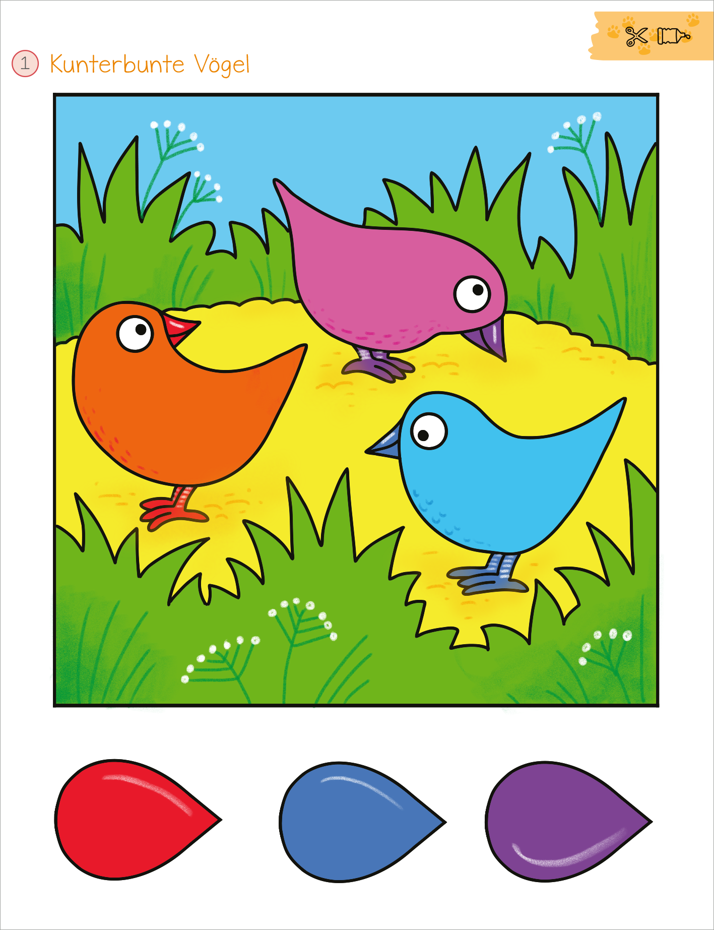 Gezeigt wird eine Innen- oder Zusatzansicht von „Mein erstes großes Tier-Bastelheft“. Auf der Seite sind drei bunte Vögel in verschiedenen Farben (orange, rosa und blau) abgebildet, die vor einem gelben Nest stehen. Im Hintergrund sind grüne Wiesen mit kleinen Pflanzen zu sehen, die eine fröhliche Atmosphäre erzeugen. Unter den Vögeln befinden sich drei Farbkleckse in rot, blau und lila, die Kinder zum Basteln anregen. Die Schrift ist groß und freundlich gestaltet.