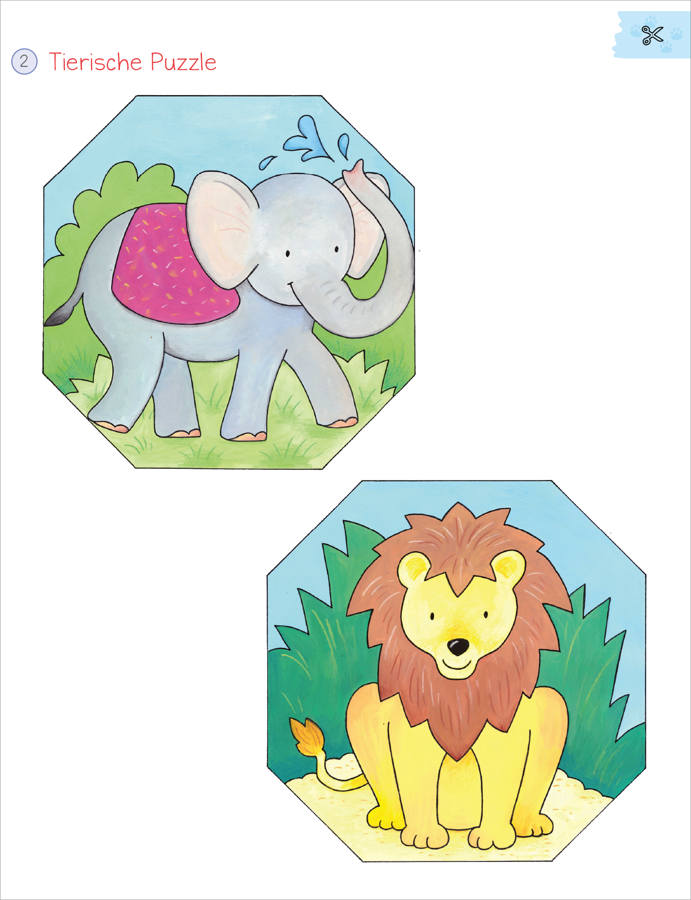 Gezeigt wird eine Innen- oder Zusatzansicht von „Mein erstes großes Tier-Bastelheft“. Die Abbildung zeigt zwei farbenfroh gestaltete Illustrationen mit einem Elefanten und einem Löwen auf jeweils einem sechseckigen Hintergrund. Der Elefant ist in sanften Blau- und Grautönen gehalten und spritzt Wasser, während der Löwe in warmen Farbtönen wie Gelb und Braun erscheint. Die Überschrift „Tierische Puzzle“ ist deutlich lesbar und in einer verspielten, kindgerechten Schriftart...