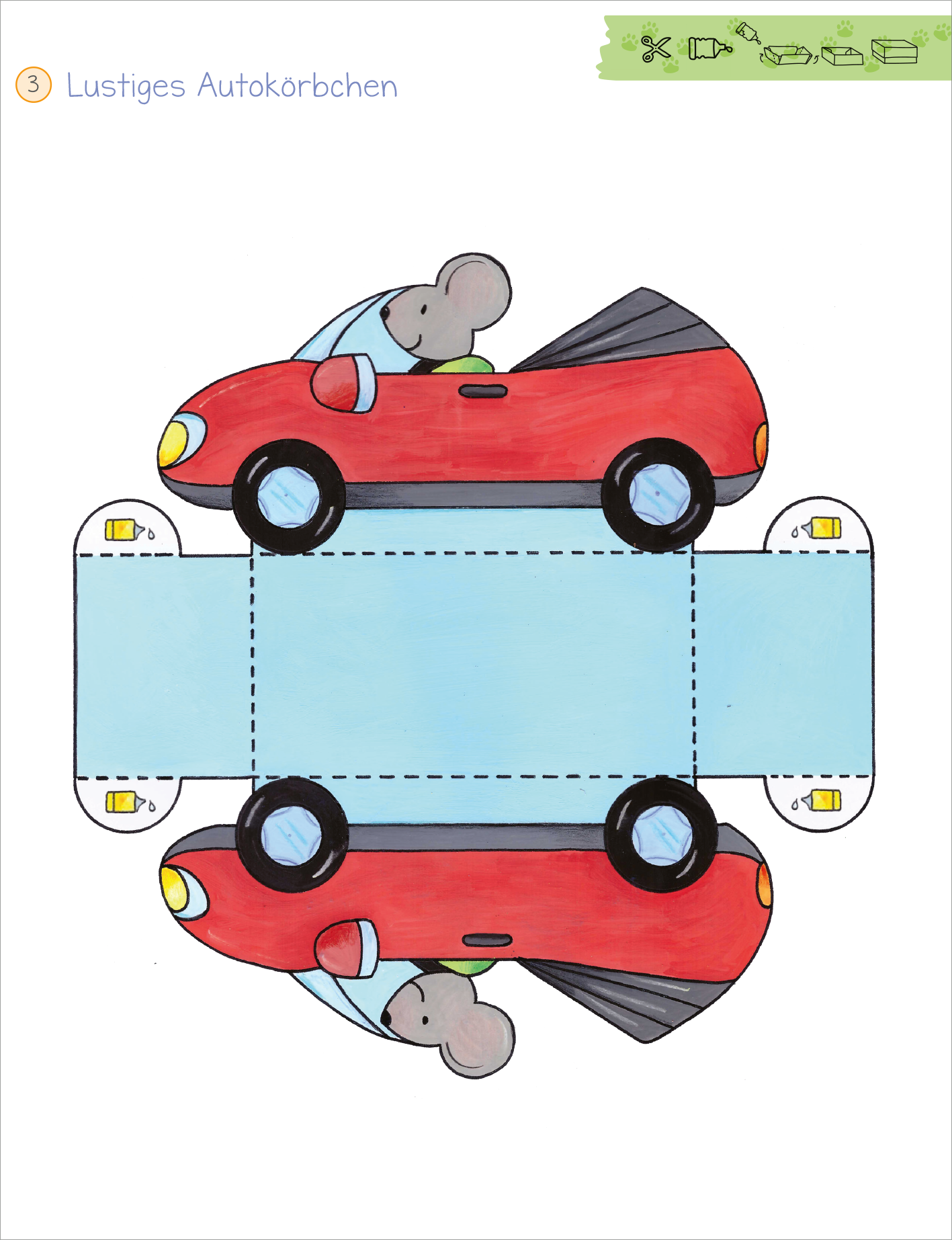 Gezeigt wird eine Innen- oder Zusatzansicht von „Mein erstes großes Tier-Bastelheft“. Die Abbildung zeigt ein lustiges Autokörbchen, das in leuchtenden Farben gestaltet ist. Ein rotes Auto mit großen, runden Rädern und fröhlichem Charakter ist im Vordergrund, während ein kleiner grauer Mäuserich am Steuer sitzt. Der Hintergrund ist in sanften Blau-Tönen gehalten. Die Zeichnung ist klar und einfach gehalten, mit deutlich sichtbaren Konturen und einer spielerischen Typografie oben im...