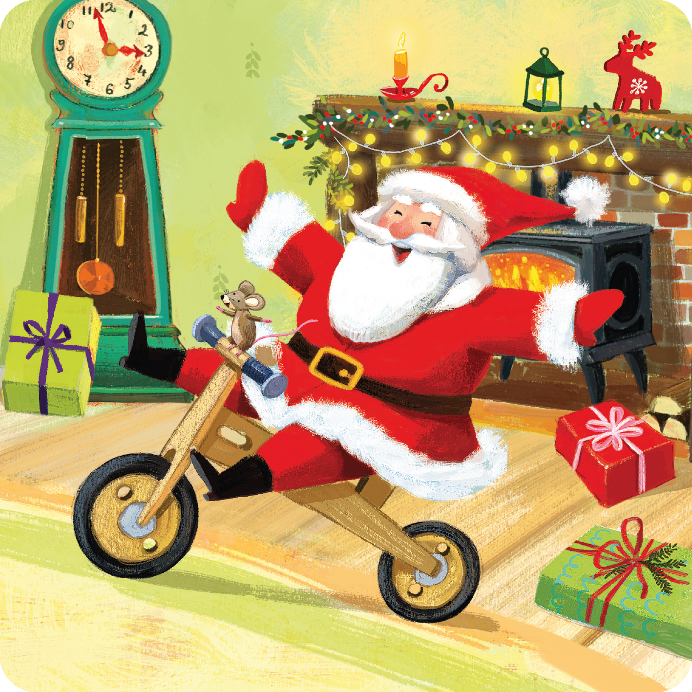 Gezeigt wird eine Innen- oder Zusatzansicht von „Mein erster Adventskalender“. Die Illustration zeigt den fröhlichen Weihnachtsmann auf einem Holzfahrzeug, während er lachend mit einem kleinen Mäuschen auf der Schulter fährt. Im Hintergrund sind ein Kamin, ein Weihnachtsbaum mit Lichtern und Geschenke in verschiedenen Farben sichtbar. Die Farben sind lebhaft und festlich, mit dominierenden Rot- und Grüntönen. Die Typografie ist kindgerecht und spielerisch gestaltet.