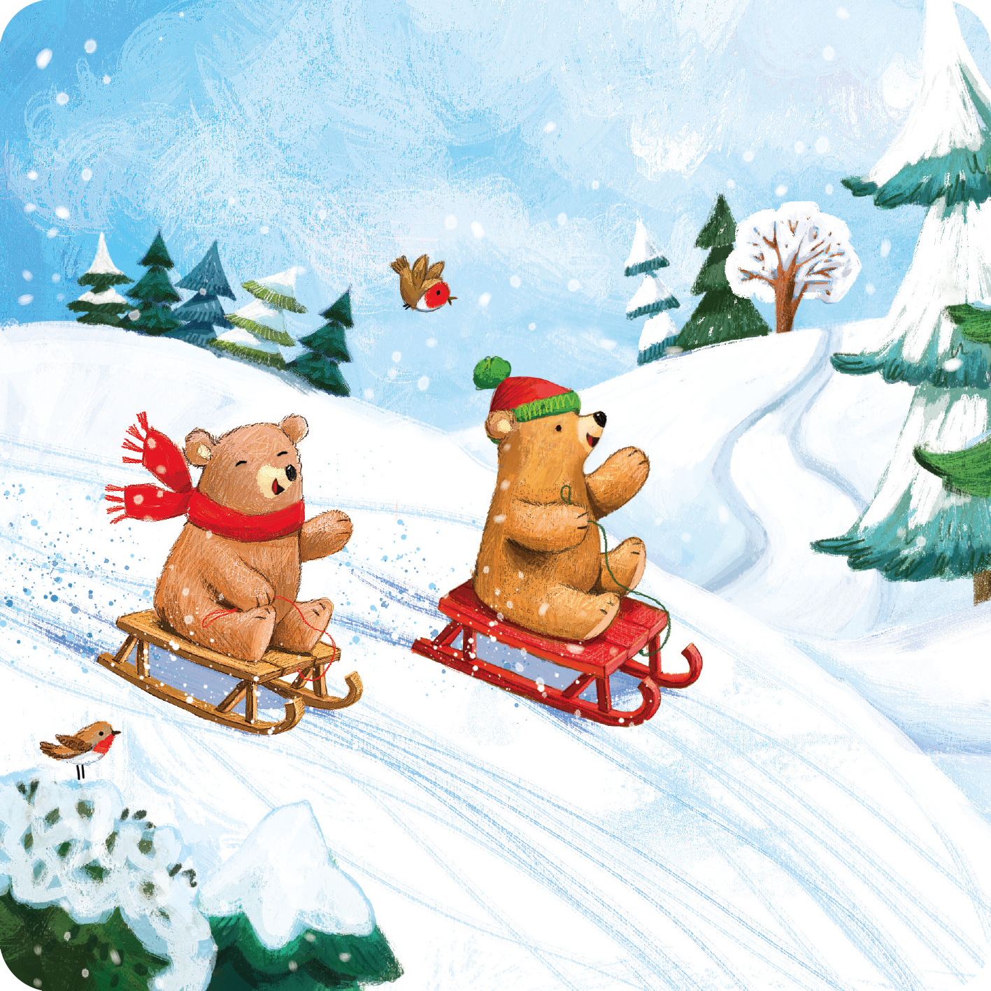 Gezeigt wird eine Innen- oder Zusatzansicht von „Mein erster Adventskalender“. Die Illustration zeigt zwei fröhliche Bären, die auf Schlitten den verschneiten Hang hinunterrutschen. Der Bär links trägt einen roten Schal, während der Bär rechts eine grüne Mütze trägt. Die sanften Farben der winterlichen Landschaft, mit schneebedeckten Bäumen und einem klaren blauen Himmel, schaffen eine besinnliche Atmosphäre. Die Schrift ist kindgerecht und gut lesbar, unterstreicht das festliche...