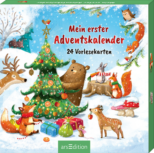 Auf dem Buchcover „Mein erster Adventskalender“ sind ein bunt geschmückter Weihnachtsbaum und zahlreiche fröhliche Tiere in einer winterlichen Landschaft abgebildet. Der Hintergrund ist in sanften Blautönen gehalten, während der Baum im Mittelpunkt leuchtet. Die Schrift „Mein erster Adventskalender“ ist in fetten roten Buchstaben gestaltet. Darunter steht „24 Vorlesekarten“ in kleinerer Schrift. Ganz unten mittig steht der Logoschriftzug von arsEdition.