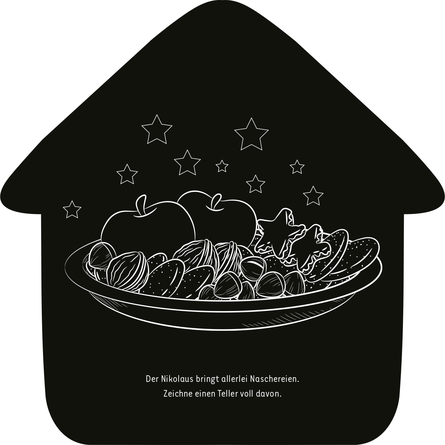 Gezeigt wird eine Innen- oder Zusatzansicht von „Mein Kritzkratz-Adventskalender“. Die Illustration zeigt eine große, ovale Schale mit verschiedenen Naschereien, darunter Äpfel, Nüsse und Plätzchen in Form von Sternen. Die Schale ist vor einem schlichten, schwarzen Hintergrund platziert. Über der Schale leuchten mehrere kleine, weiße Sterne. In der unteren Bildmitte steht der Text „Der Nikolaus bringt allerlei Naschereien. Zeichne einen Teller voll davon.“ in klarer, weißer...
