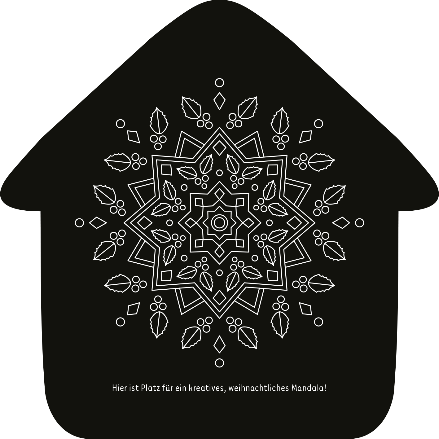 Gezeigt wird eine Innen- oder Zusatzansicht von „Mein Kritzkratz-Adventskalender“. Der Hintergrund ist in kräftigem Schwarz gehalten, während ein filigranes, weißes Mandala im Mittelpunkt steht. Rund um das Mandala befinden sich dekorative Elemente wie Blätter und geometrische Formen. Am unteren Rand steht in klarer, gut lesbarer Schrift der Satz: „Hier ist Platz für ein kreatives, weihnachtliches Mandala!“. Die Gesamtgestaltung vermittelt eine festliche und kreative Atmosphäre.