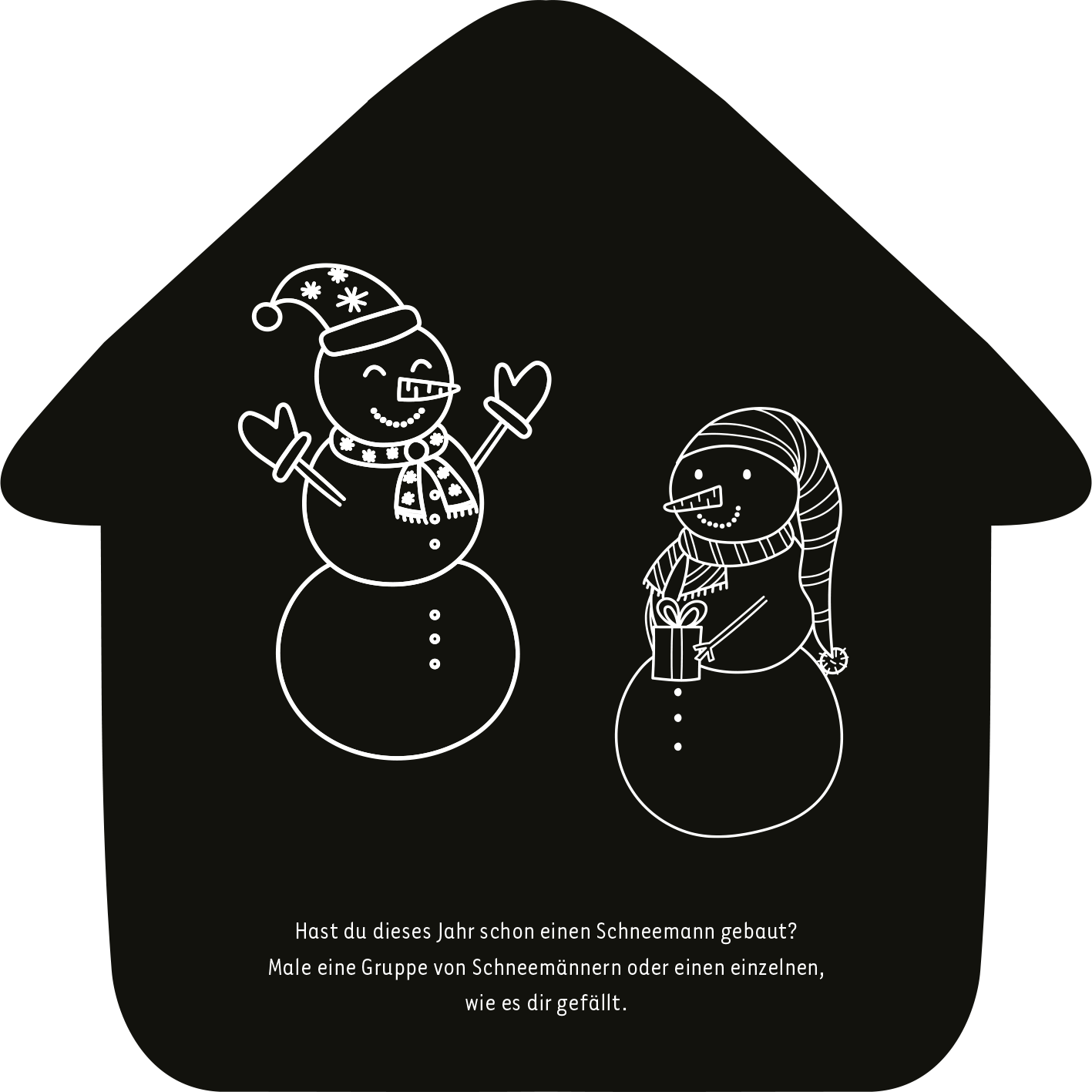 Gezeigt wird eine Innen- oder Zusatzansicht von „Mein Kritzkratz-Adventskalender“. Die Grafik präsentiert zwei Schneemänner auf schwarzem Hintergrund. Der erste trägt einen Weihnachtsmannhut und hat eine fröhliche Pose. Der zweite, mit einer Geschenkbox in den Händen, hat eine Mütze auf. Darunter steht der Text: „Hast du dieses Jahr schon einen Schneemann gebaut? Male eine Gruppe von Schneemännern oder einen einzelnen, wie es dir gefällt.“ Die Schrift ist klar und gefällig,...