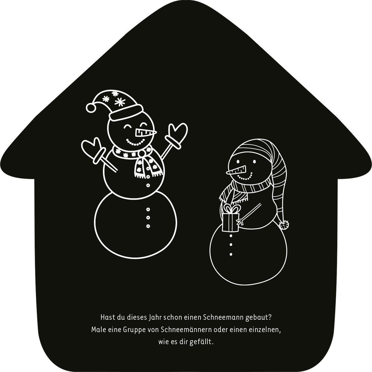 Gezeigt wird eine Innen- oder Zusatzansicht von „Mein Kritzkratz-Adventskalender“. Die Grafik präsentiert zwei Schneemänner auf schwarzem Hintergrund. Der erste trägt einen Weihnachtsmannhut und hat eine fröhliche Pose. Der zweite, mit einer Geschenkbox in den Händen, hat eine Mütze auf. Darunter steht der Text: „Hast du dieses Jahr schon einen Schneemann gebaut? Male eine Gruppe von Schneemännern oder einen einzelnen, wie es dir gefällt.“ Die Schrift ist klar und gefällig,...