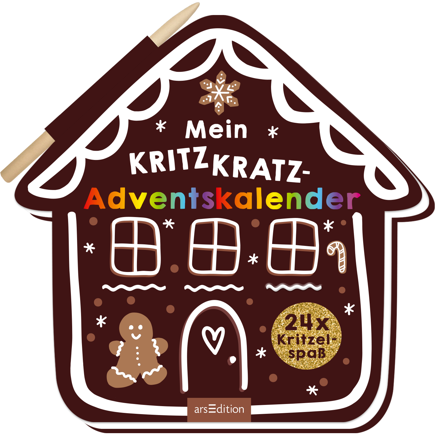 Das Buchcover zeigt ein dreidimensional gestaltetes Lebkuchenhaus auf braunem Hintergrund. Der Titel „Mein KRITZKRATZ-ADVENTSKALENDER“ ist in bunten Buchstaben im oberen Bereich platziert. Unter dem Fenster sind ein lächelnder Lebkuchenmann und ein Zuckerstängel abgebildet. Rechts befindet sich der Hinweis „24x Kritzelspaß“ in Goldfolie. Ganz unten mittig steht der Logoschriftzug von arsEdition.
