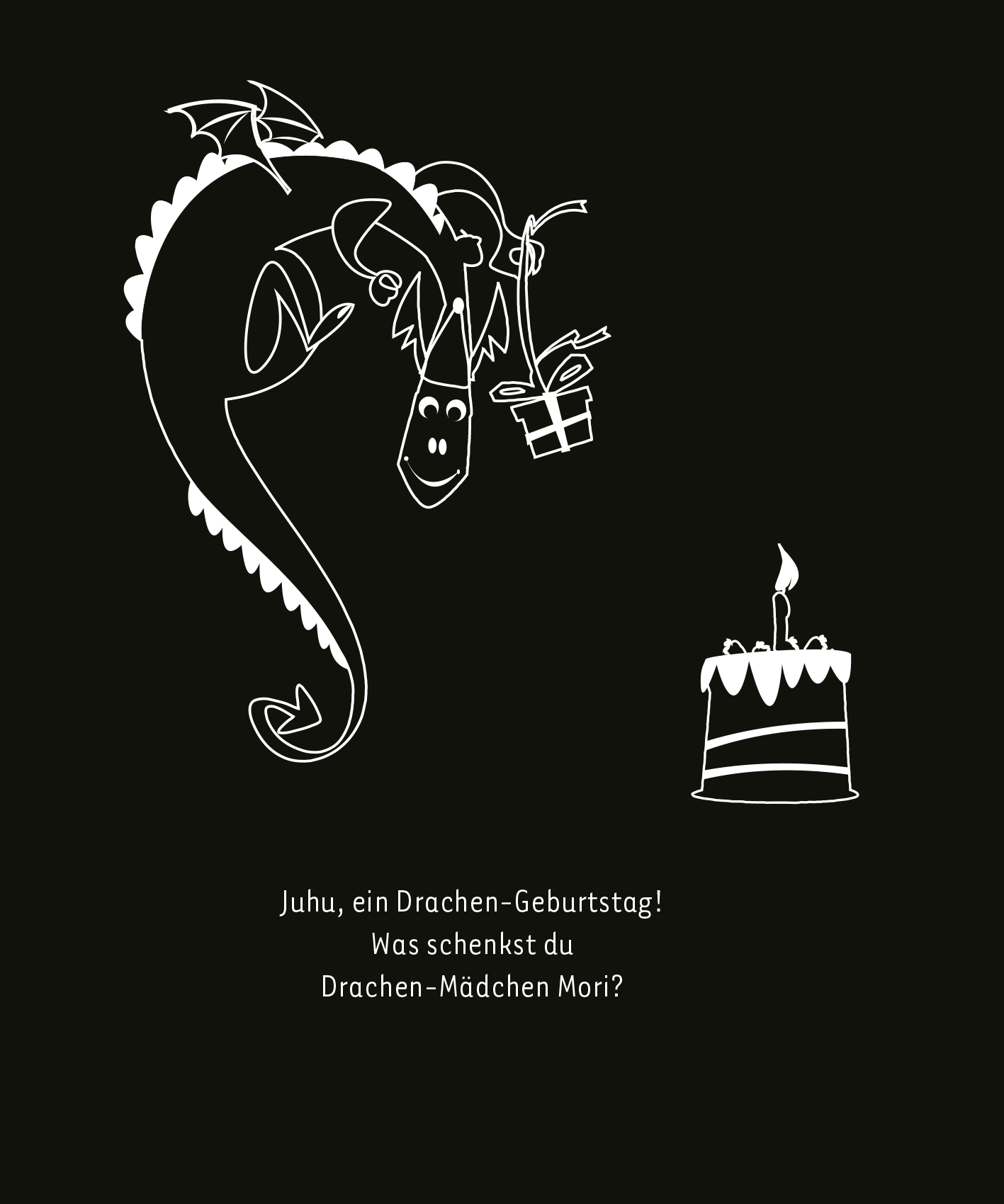 Gezeigt wird eine Innen- oder Zusatzansicht von „Kritzkratz-Spaß Drachen“. Im Vordergrund ist ein fröhlicher Drache in kräftigem Grün, der Geschenke in seinen Händen hält. Der Hintergrund ist in schlichtem Schwarz gehalten, was die bunten Elemente hervorhebt. Unter dem Drachen befindet sich ein Geburtstagstorte mit weißen Verzierungen, die in starkem Kontrast zur dunklen Fläche stehen. Die verspielte Schriftart mit weißen Buchstaben vermittelt eine fröhliche Stimmung.