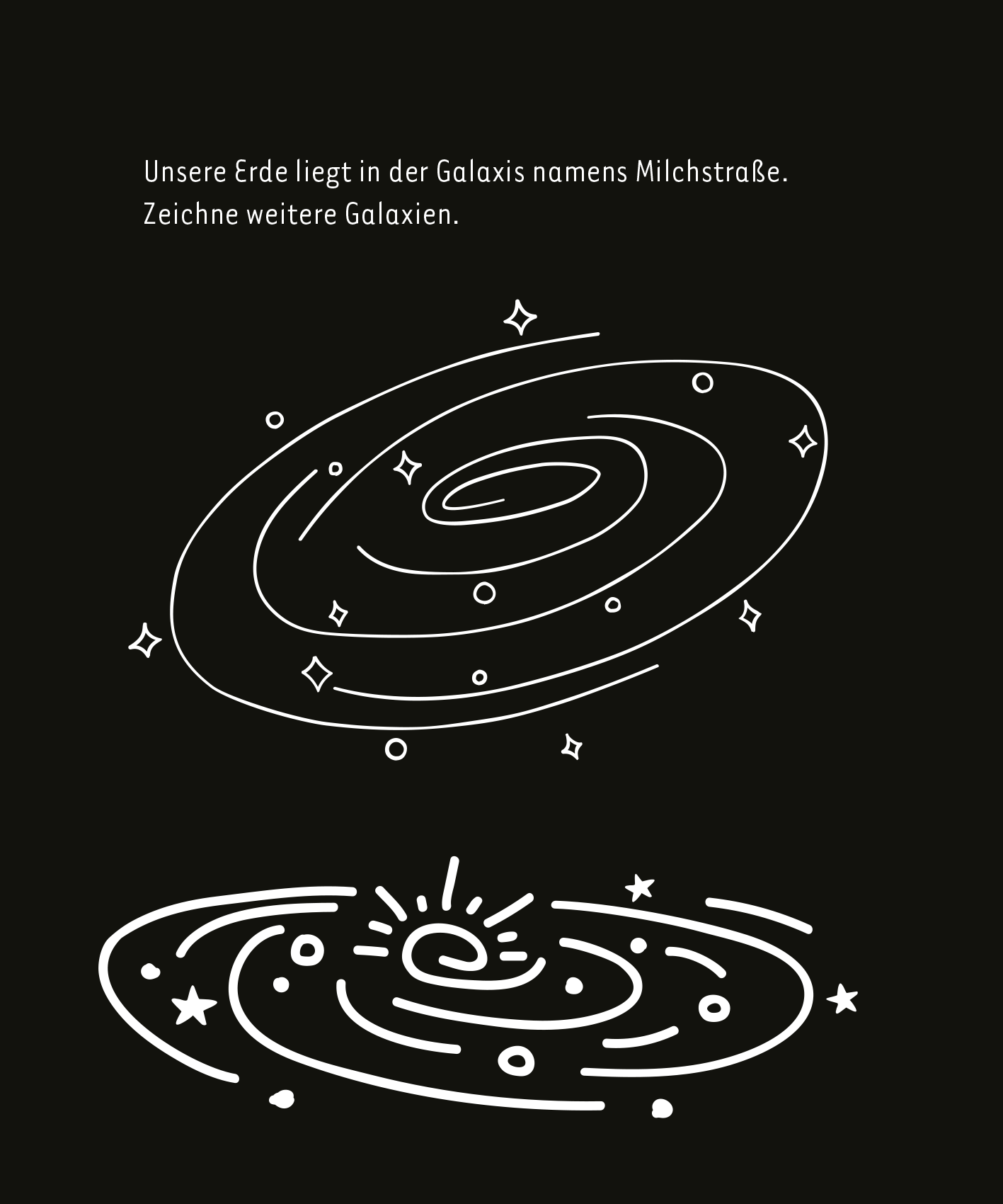Gezeigt wird eine Innen- oder Zusatzansicht von „Kritzkratz-Spaß Weltall“. Die Darstellung zeigt zwei stilisierte Galaxien in Weiß auf einem schwarzen Hintergrund. Oben befindet sich eine spiralförmige Galaxie mit funkelnden Sternen, darunter eine zweite Galaxie mit zentralem Strahlenmuster. Darüber steht in klarer, moderner Schrift der Text: „Unsere Erde liegt in der Galaxis namens Milchstraße. Zeichne weitere Galaxien.“ Die Typografie ist gut lesbar und betont das Thema des...