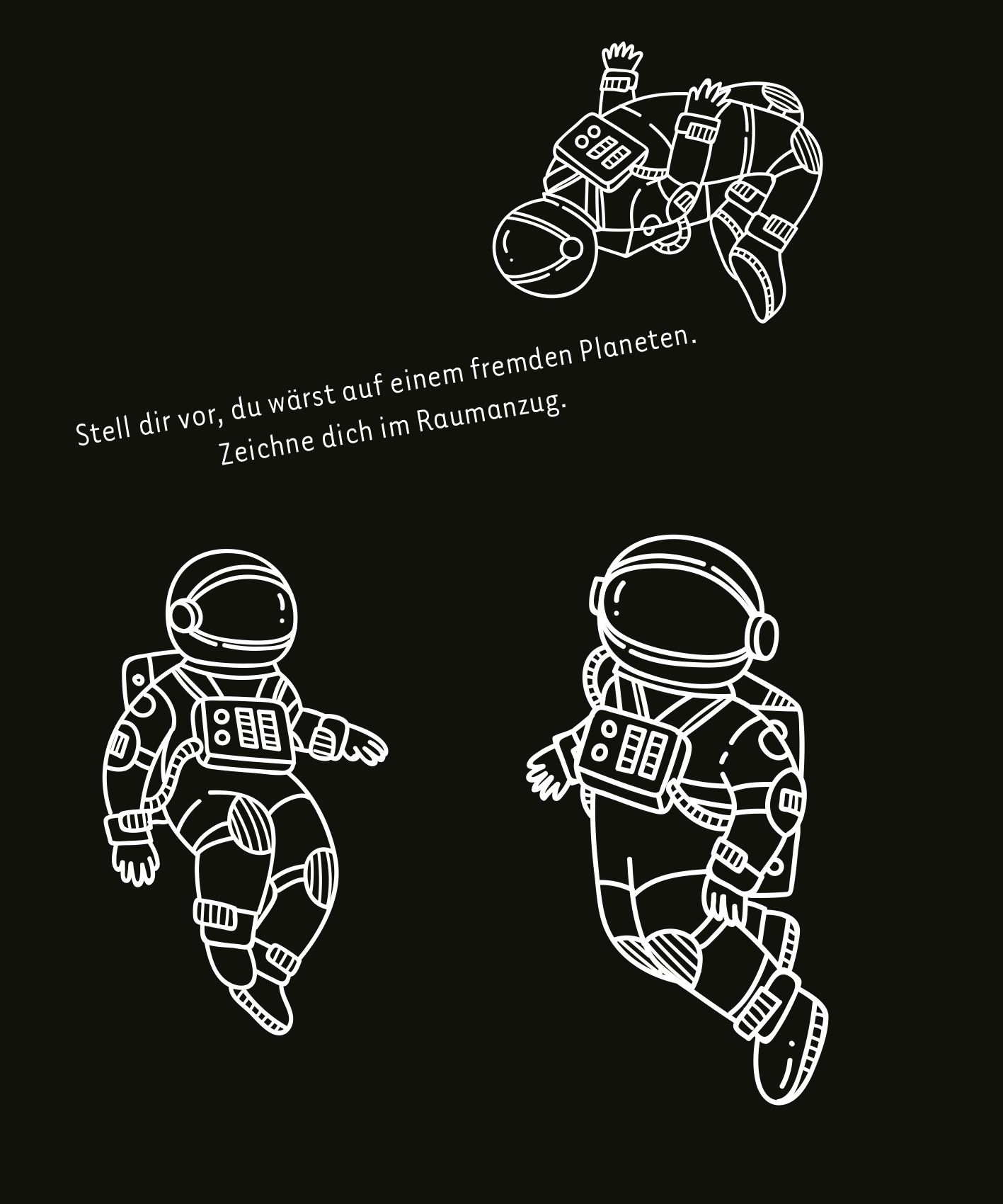 Gezeigt wird eine Innen- oder Zusatzansicht von „Kritzkratz-Spaß Weltall“. Auf einem schwarzen Hintergrund sind drei farbige, skizzierte Astronauten in verschiedenen Positionen abgebildet. Über ihnen steht in weißer Schrift: „Stell dir vor, du wärst auf einem fremden Planeten. Zeichne dich im Raumanzug.“ Die einfache Typografie und die Linienzeichnung der Figuren erzeugen eine fantasievolle Atmosphäre für Kinder.