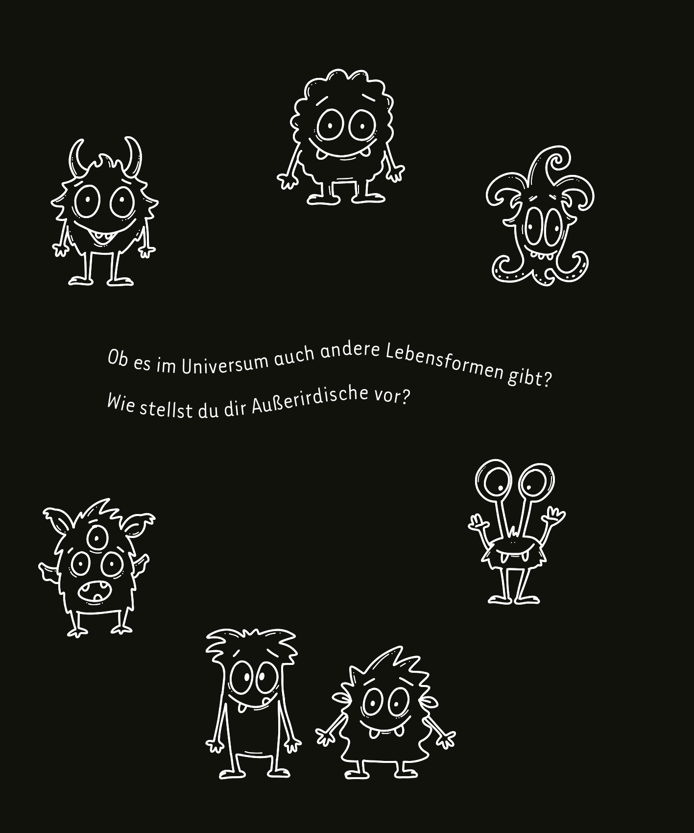 Gezeigt wird eine Innen- oder Zusatzansicht von „Kritzkratz-Spaß Weltall“. Die Illustration zeigt eine Gruppe von fantasievollen, cartoonhaften Außerirdischen in unterschiedlichen Farben wie Blau, Grün und Lila, auf einem dunklen, schwarzen Hintergrund. Einige Figuren haben große, runde Augen und grinsende Gesichter, während andere schelmisch wirken. In der Mitte steht die Frage „Ob es im Universum auch andere Lebensformen gibt? Wie stellst du dir Außerirdische vor?“, die in einer...