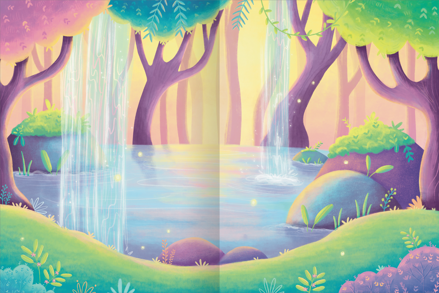 Gezeigt wird eine Innen- oder Zusatzansicht von „Mein flauschiges Stickerheft – Einhörner“. Die Illustration zeigt einen zauberhaften Wasserfall in einem Wald mit sanften, pastelartigen Farben. Im Vordergrund fließen zwei Wasserfälle in einen ruhigen Teich, umgeben von runden, bunten Steinen und grünem Gras. Die Bäume haben geschwungene Formen und sind mit leuchtenden Blättern geschmückt. Der Hintergrund strahlt in zarten Gelb- und Rosatönen, was eine magische Atmosphäre schafft.
