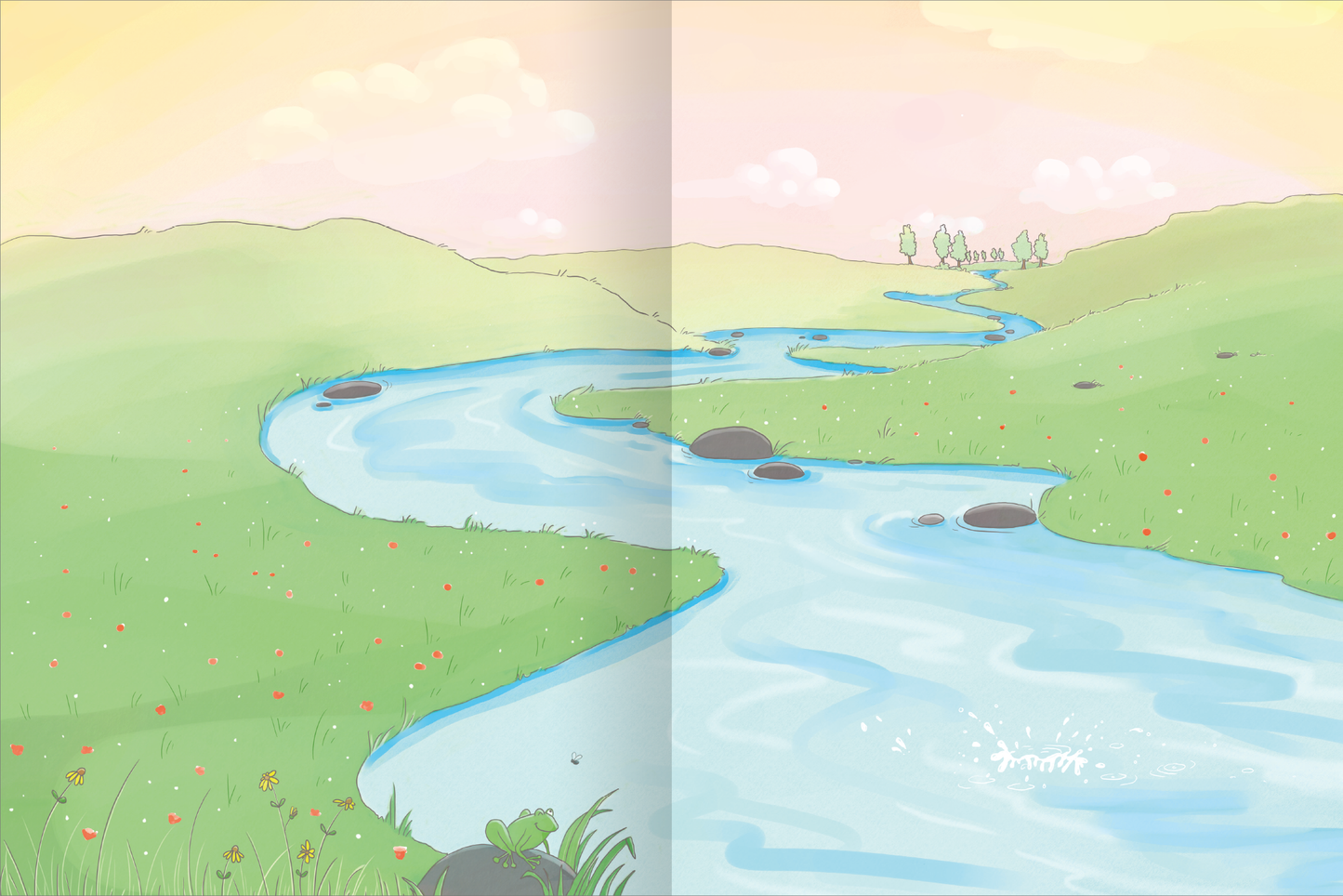 Gezeigt wird eine Innen- oder Zusatzansicht von „Erstes Stickern – Reiterhof“. DieIllustration zeigt eine liebevoll gestaltete Landschaft mit sanften grünen Hügeln und einem sich schlängelnden blauen Fluss. Der Himmel ist in zarten Pastellfarben gehalten, während vereinzelte Wolken und Bäume in der Ferne sichtbar sind. Bunte Blumen sprießen am Ufer des Flusses und vermitteln eine fröhliche, einladende Atmosphäre. Die sanfte Typografie ist klar und kindgerecht gestaltet.