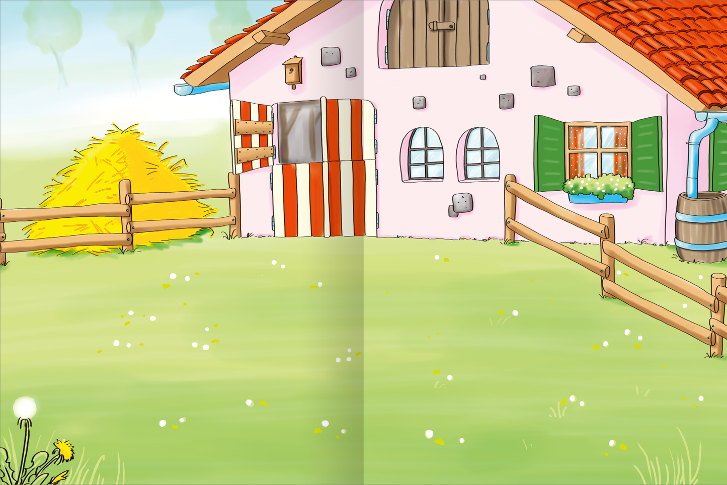 Gezeigt wird eine Innen- oder Zusatzansicht von „Erstes Stickern – Reiterhof“. Die Abbildung zeigt ein buntes Reiterhofgebäude mit einer rosa Fassade, braunem Dach und grünen Fensterrahmen. An der linken Seite sind gestreifte Fensterläden und ein Holzzaun zu sehen. Im Vordergrund befindet sich ein gelber Heuhaufen, umgeben von einer grünen Wiese mit weißen Blumen. Die Gesamtatmosphäre ist freundlich und einladend, mit einer hellen, kindgerechten Farbgebung.