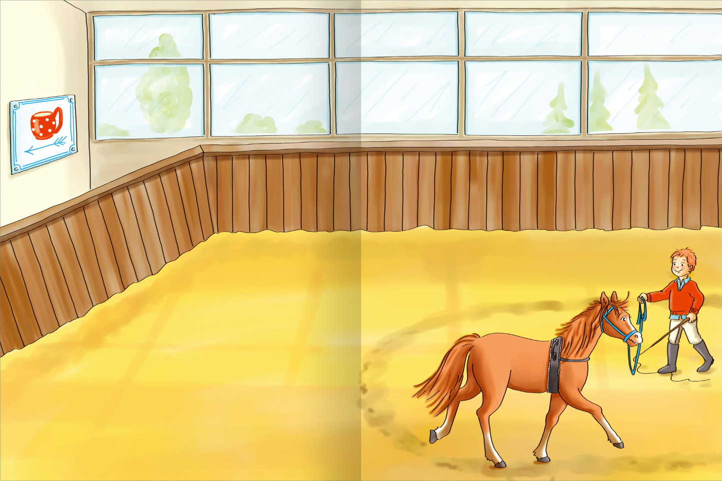 Gezeigt wird eine Innen- oder Zusatzansicht von „Erstes Stickern – Reiterhof“. Die Abbildung zeigt einen hellen Reitstall mit einem sandfarbenen Boden und einer Holzverkleidung an den Wänden. Ein Junge in einem roten Pullover führt ein braunes Pony, während große Fenster Tageslicht hereinlassen. An der Wand hängt ein buntes Bild, das ein Pferdemotiv zeigt. Die Farben sind warm und freundlich, die typografischen Elemente sind verspielt und kindgerecht gestaltet.