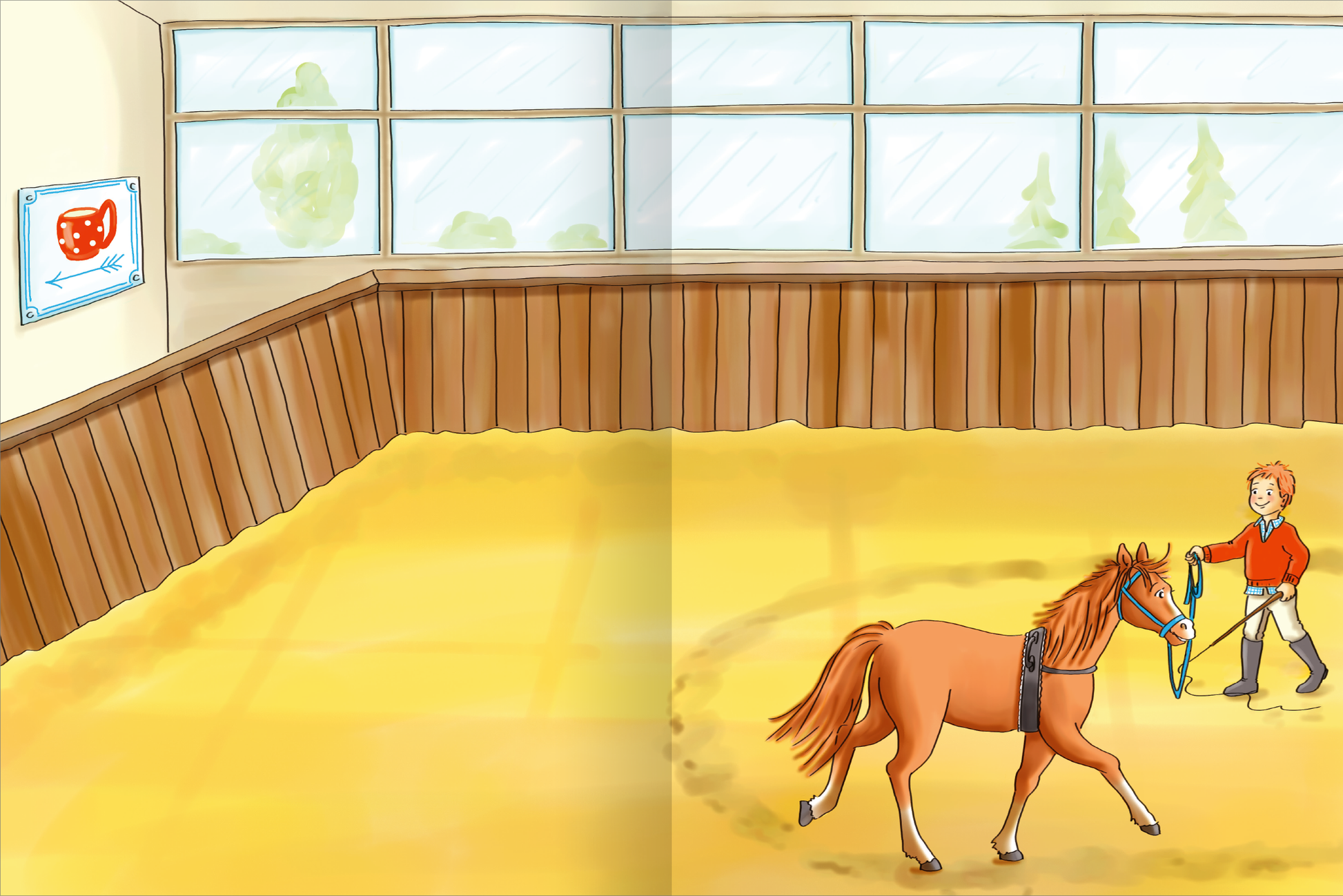 Gezeigt wird eine Innen- oder Zusatzansicht von „Erstes Stickern – Reiterhof“. Die Abbildung zeigt einen hellen Reitstall mit einem sandfarbenen Boden und einer Holzverkleidung an den Wänden. Ein Junge in einem roten Pullover führt ein braunes Pony, während große Fenster Tageslicht hereinlassen. An der Wand hängt ein buntes Bild, das ein Pferdemotiv zeigt. Die Farben sind warm und freundlich, die typografischen Elemente sind verspielt und kindgerecht gestaltet.