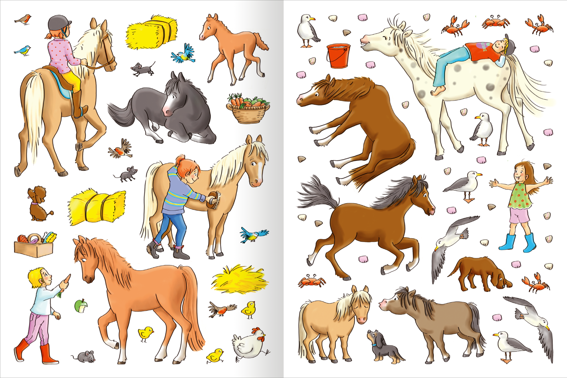 Gezeigt wird eine Innen- oder Zusatzansicht von „Erstes Stickern – Reiterhof“. Die Abbildung zeigt farbenfrohe Illustrationen von verschiedenen Pferden und Kindern in einer Reiterhof-Szenerie. Auf der linken Seite sind mehrere Kinder mit Pferden, Heuballen, und Futterkörben dargestellt, während die rechte Seite Bilder von spielenden Kindern und Tieren zeigt. Die Farben sind lebhaft und freundlich, mit pastelligen Tönen und klaren Konturen. Die Typografie ist verspielt und ansprechend...