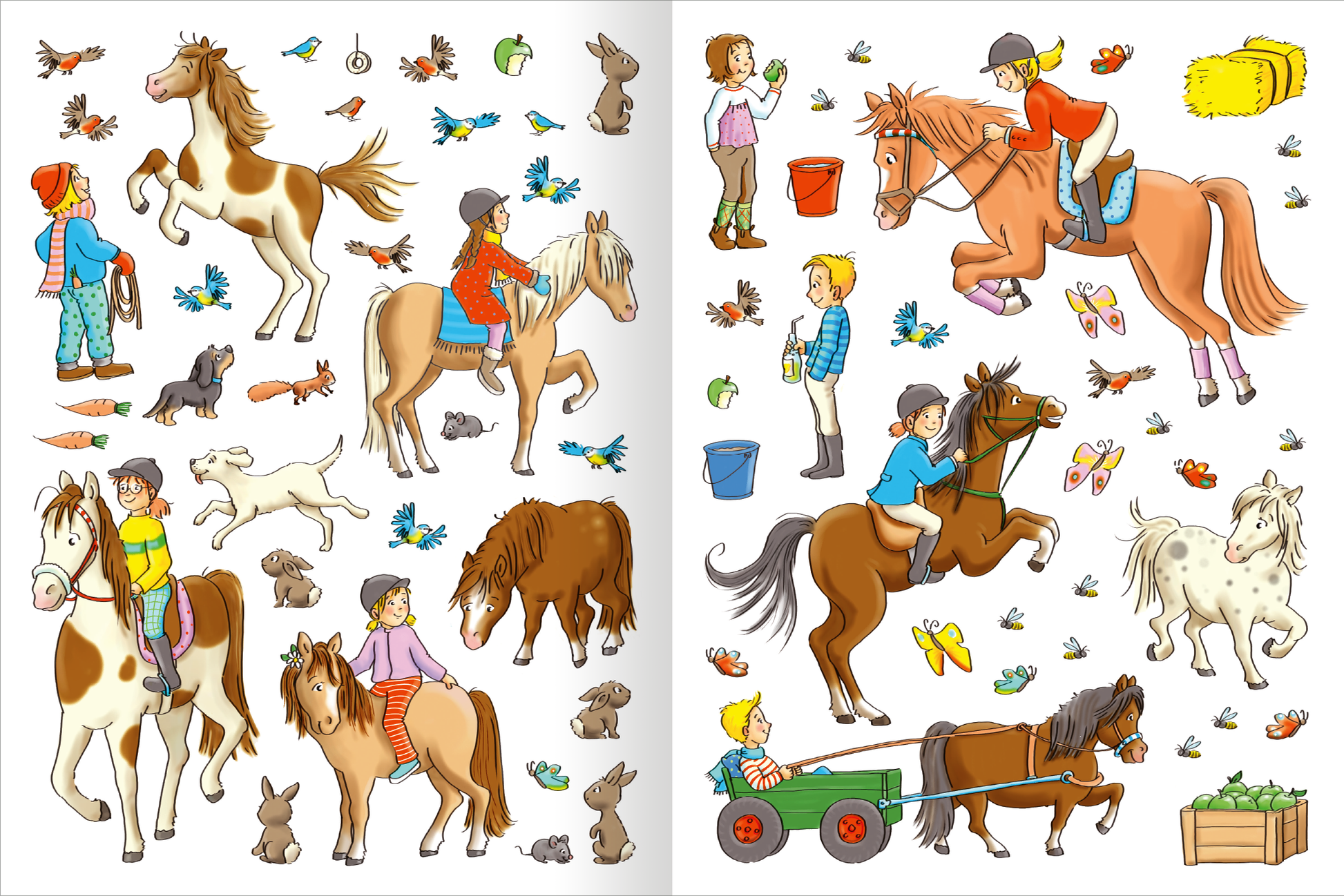 Gezeigt wird eine Innen- oder Zusatzansicht von „Erstes Stickern – Reiterhof“. Die Illustration zeigt eine bunte Szene in einem Reiterhof mit verschiedenen Pferden, Kindern beim Reiten und Spielen sowie niedlichen Tieren wie Hasen und Vögeln. Die Farben sind lebhaft und fröhlich, mit Lila, Braun, Blau und Grün. Die Typografie ist klar und bunt, was die kinderfreundliche Gestaltung unterstreicht.