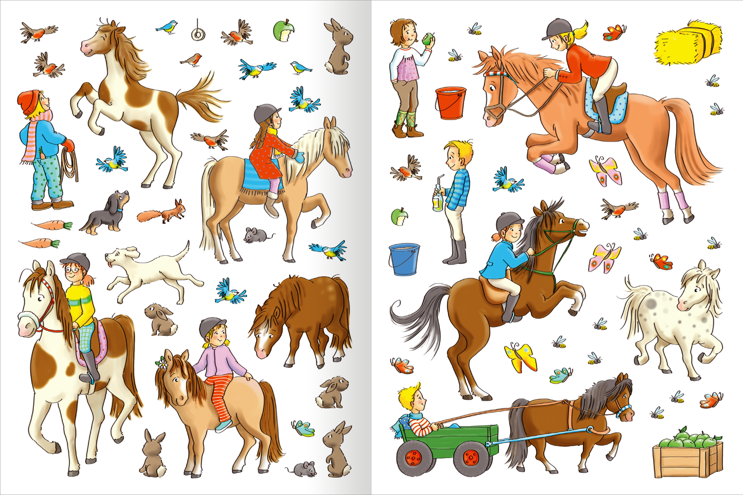 Gezeigt wird eine Innen- oder Zusatzansicht von „Erstes Stickern – Reiterhof“. Die Illustration zeigt eine bunte Szene in einem Reiterhof mit verschiedenen Pferden, Kindern beim Reiten und Spielen sowie niedlichen Tieren wie Hasen und Vögeln. Die Farben sind lebhaft und fröhlich, mit Lila, Braun, Blau und Grün. Die Typografie ist klar und bunt, was die kinderfreundliche Gestaltung unterstreicht.