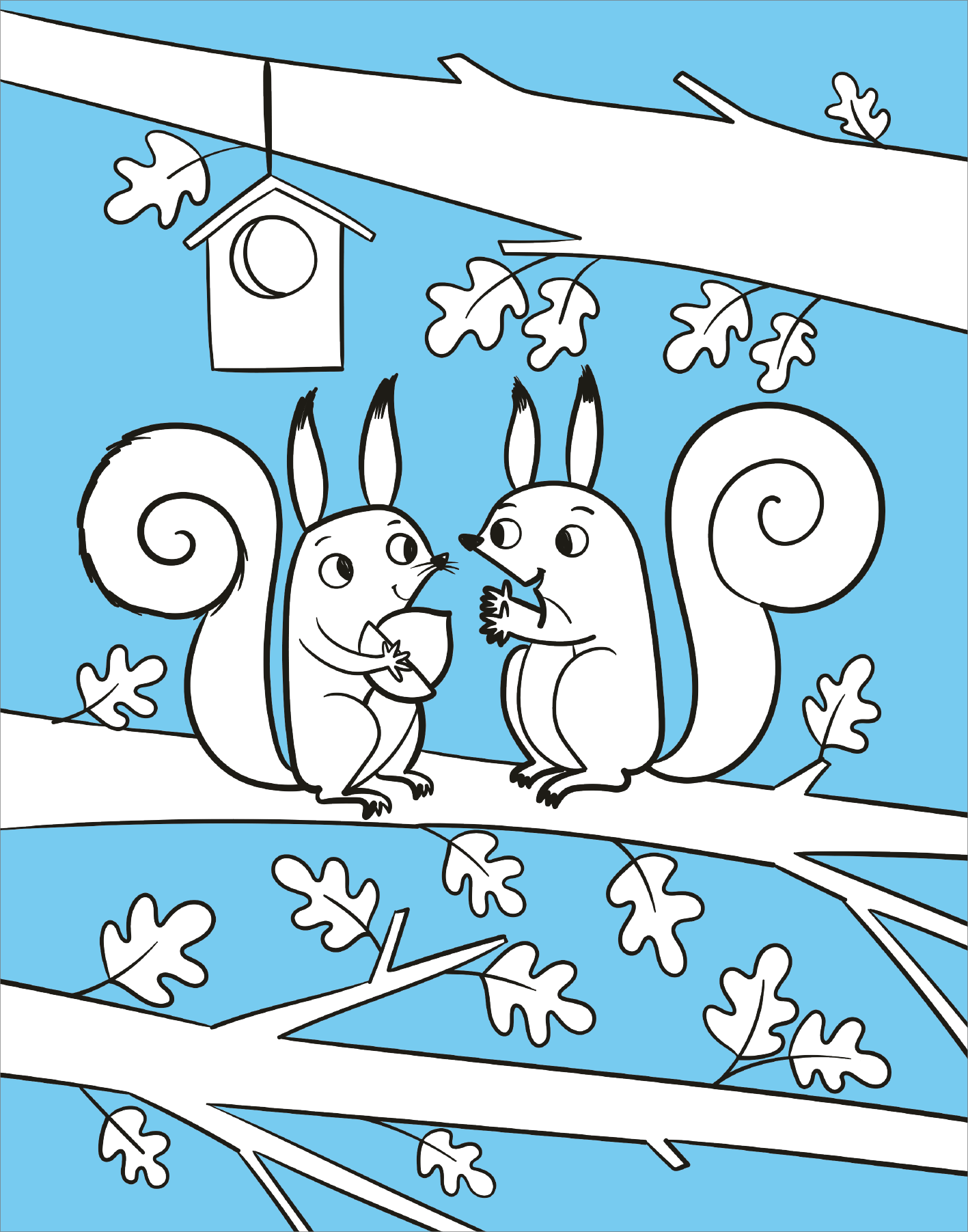 Gezeigt wird eine Innen- oder Zusatzansicht von „Diamant-Malbuch Tiere“. Die Illustration zeigt zwei niedliche Eichhörnchen auf einem Ast, umgeben von stilisierten Eichenblättern. Der Hintergrund ist in einem sanften Himmelblau gehalten, während die Tiere und die Blätter in klaren, schwarzen Umrissen gestaltet sind. Die Eichhörnchen haben ausgeprägte, lockige Schwänze und sind in einer verspielten Haltung dargestellt, was eine freundliche und einladende Atmosphäre schafft.