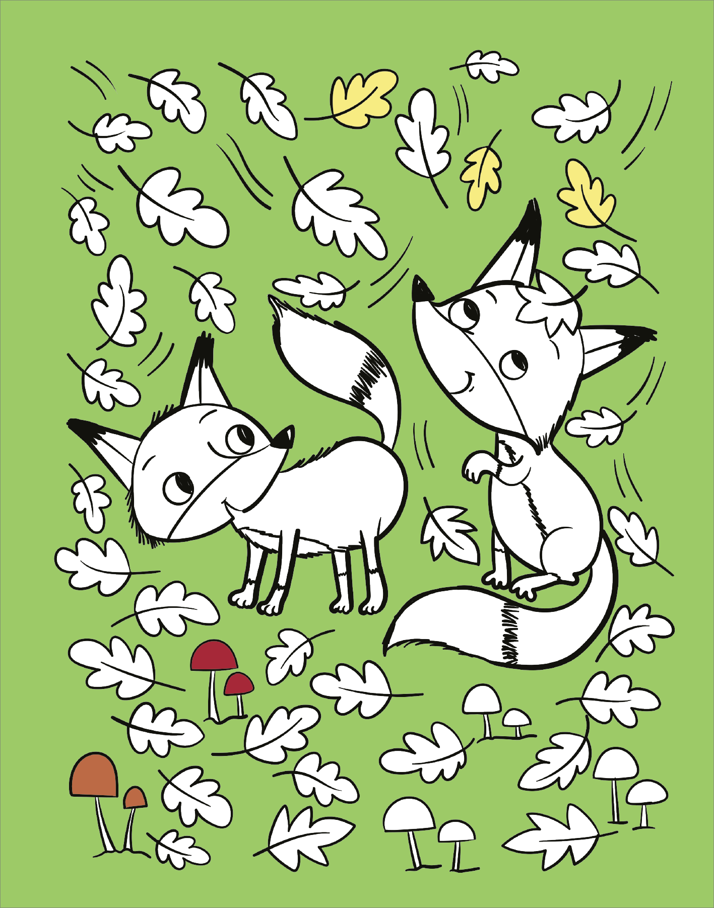 Gezeigt wird eine Innen- oder Zusatzansicht von „Diamant-Malbuch Tiere“. Auf einem leuchtend grünen Hintergrund sind zwei cartoonartige Füchse dargestellt. Die Füchse sind in Schwarz-Weiß gezeichnet und zeigen fröhliche Ausdrücke. Um sie herum fliegen bunte Blätter und kleine, rote Pilze zieren den Boden. Die einfache, kindgerechte Typografie und die klaren Konturen fördern die kreative Gestaltung durch Ausmalen.