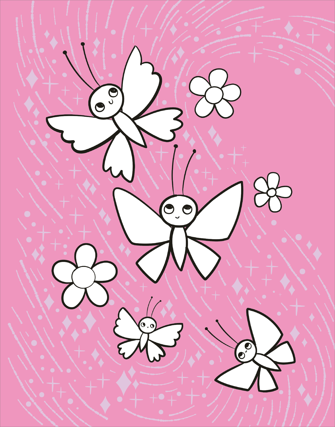 Gezeigt wird eine Innen- oder Zusatzansicht von „Diamant-Malbuch Tiere“. Auf einem pinken Hintergrund schwirren verschiedene niedliche, schwarz-umrandete Schmetterlinge und Blumen. Die Schmetterlinge sind mit lächelnden Gesichtern dargestellt und variieren in der Größe, während die Blumen in unterschiedlicher Form und Größe elegant um sie gruppiert sind. Die Illustration ist klar und einfach gehalten, ohne aggressive Farben, was ein verspieltes und freundliches Ambiente schafft.