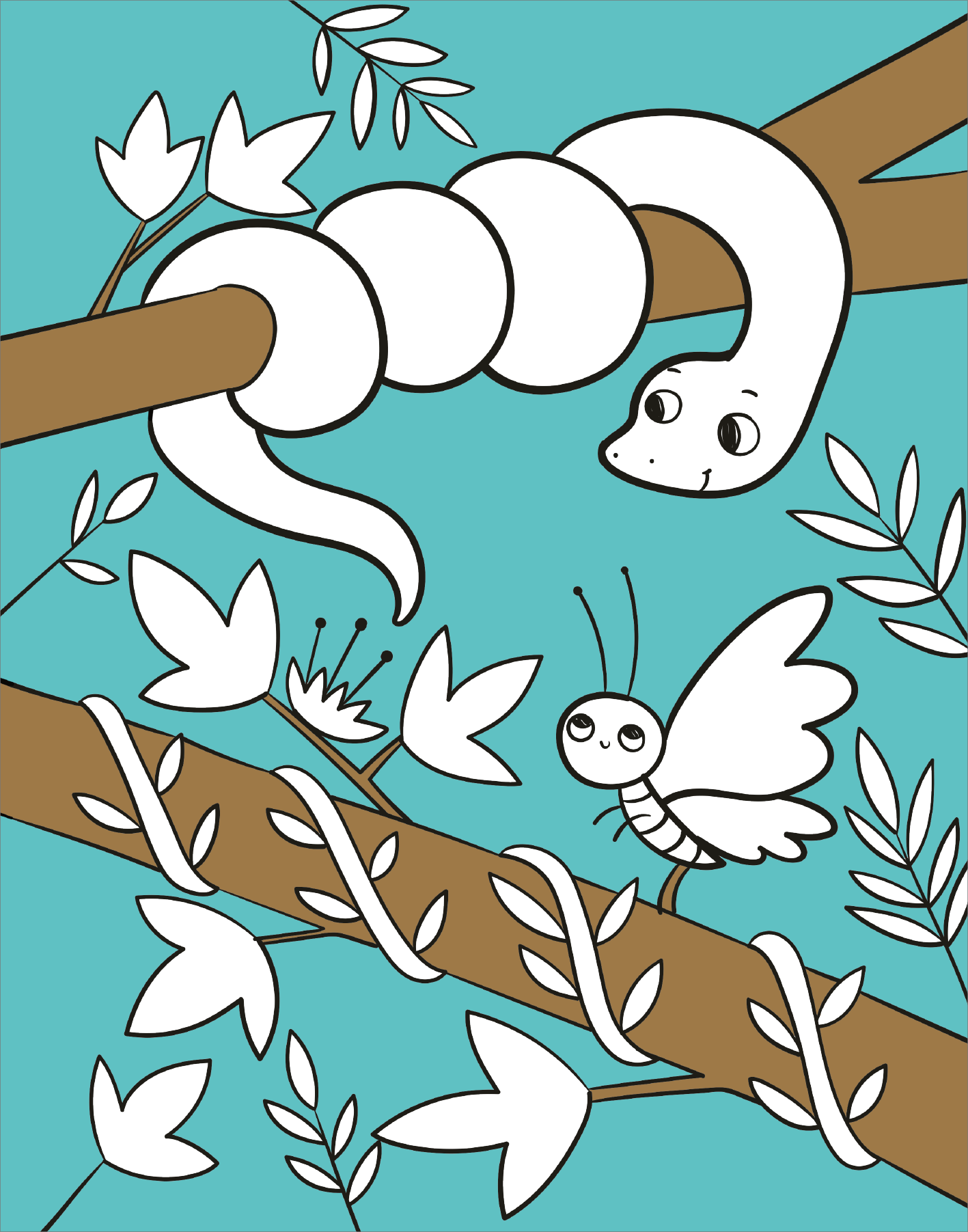 Gezeigt wird eine Innen- oder Zusatzansicht von „Diamant-Malbuch Tiere“. Die Illustration zeigt eine freundliche, cartoonartige Schlange und einen Schmetterling, die in hellen, klaren Konturen gestaltet sind. Ein sanfter, einfarbiger Hintergrund in Türkis sorgt für Kontrast. Detailreiche Pflanzenmotive in Weiß umrahmen die Figuren und verleihen der Komposition eine lebendige Frische. Die Verwendung von großen, vereinfachten Formen fördert die Anschaulichkeit und Auffälligkeit der...