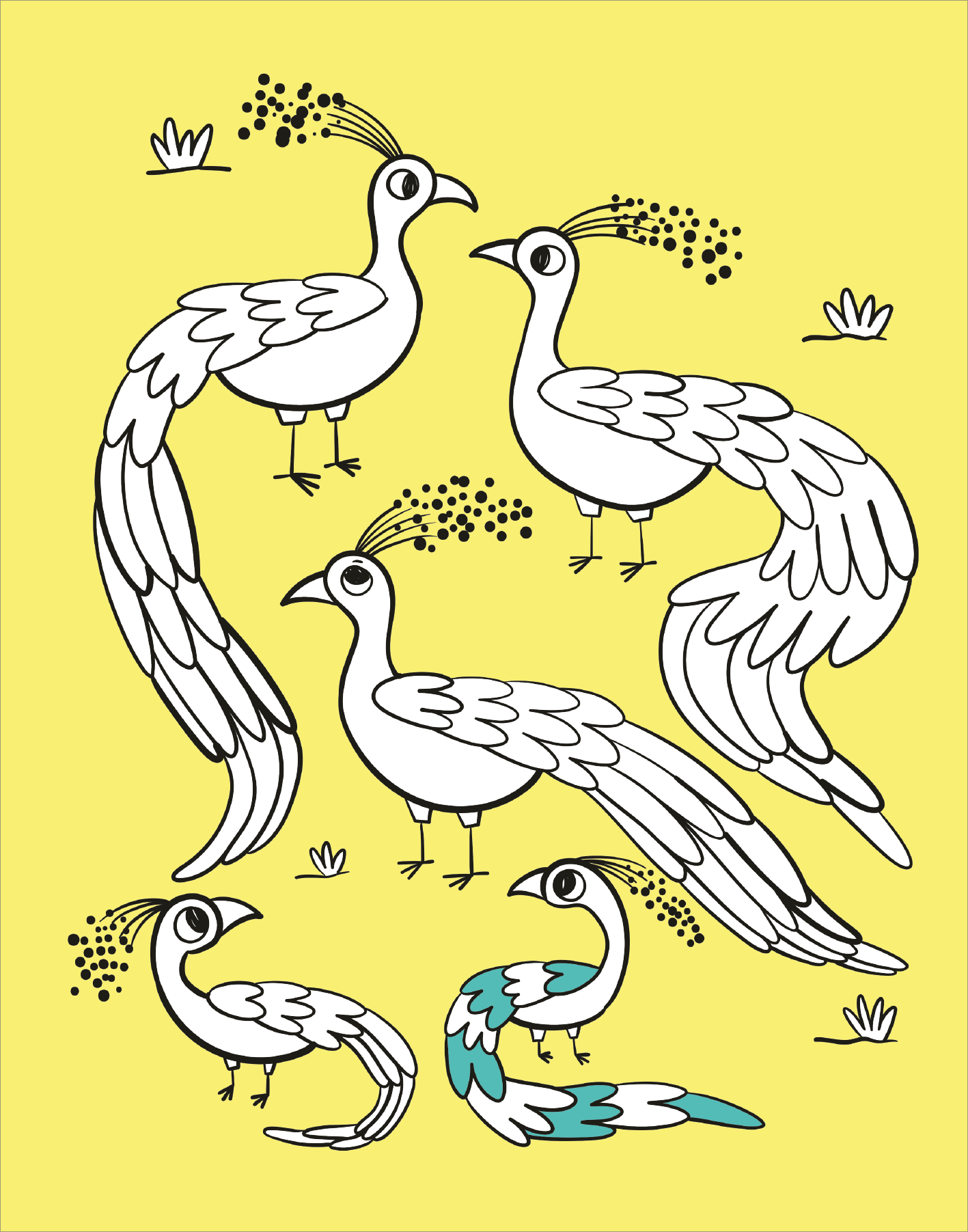 Gezeigt wird eine Innen- oder Zusatzansicht von „Diamant-Malbuch Tiere“. Auf einem hellgelben Hintergrund sind mehrere stilisierte Pfauen abgebildet, die in verschiedenen Positionen und Posen angeordnet sind. Die Vögel sind überwiegend in Weiß und einem Türkiston gehalten, mit detaillierten, geschwungenen Flügeln und feinen, dekorativen Elementen. Die grafischen Linien sind klar und stark, was die Zeichnungen hervorhebt.