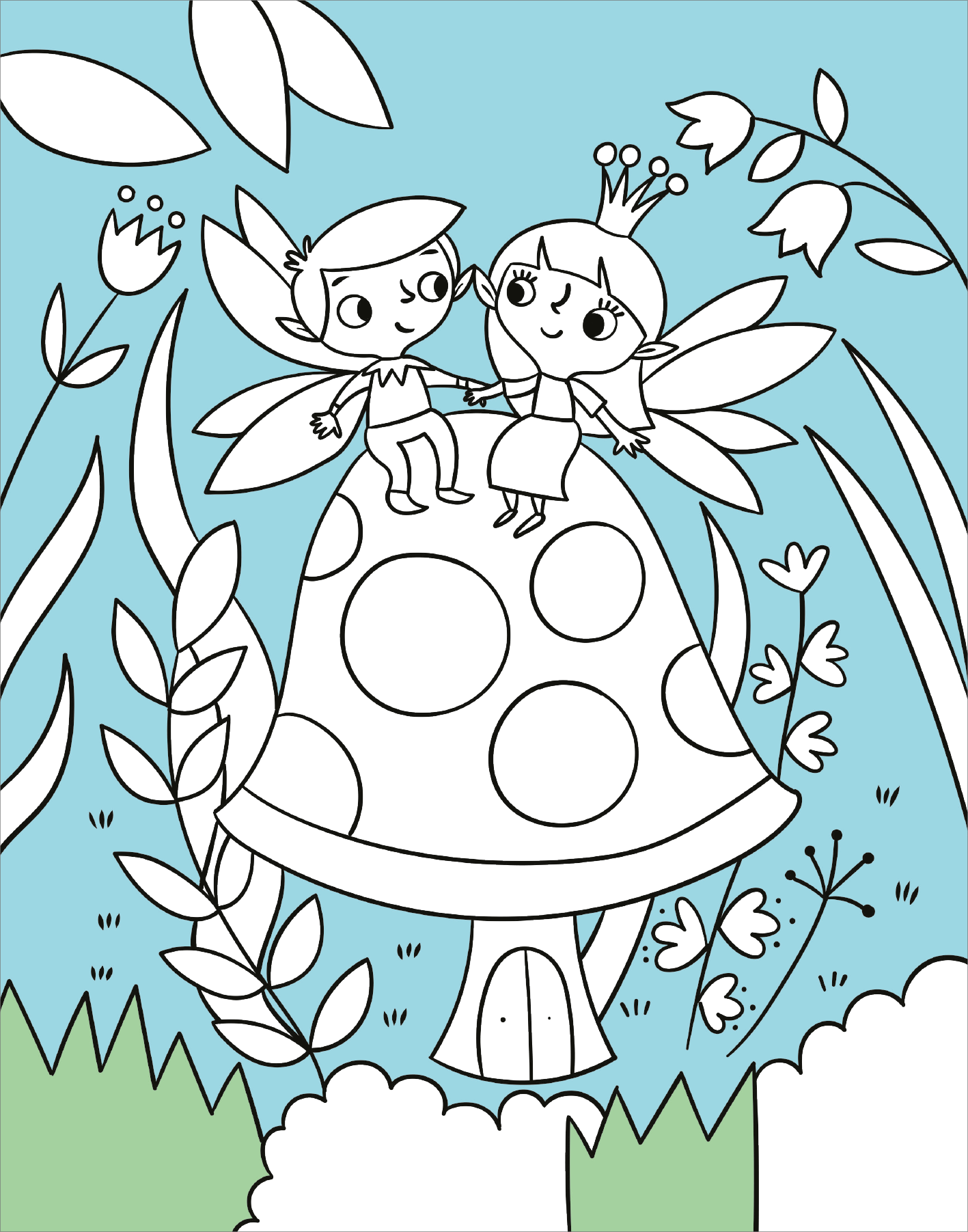 Gezeigt wird eine Innen- oder Zusatzansicht von „Diamant-Malbuch Feen“. Die Illustration zeigt zwei Feen, die auf einem großen, runden Pilz sitzen. Die Feen haben große, ausladende Flügel und lächeln sich an. Der Hintergrund ist in einem sanften Blau gehalten, umrahmt von verschiedenen Blumen und Blattformen. Die Farben sind nicht ausgefüllt, wodurch die Malfläche klar und einfach strukturiert ist. Die Schrift im Titel ist verspielt und kindgerecht gestaltet.