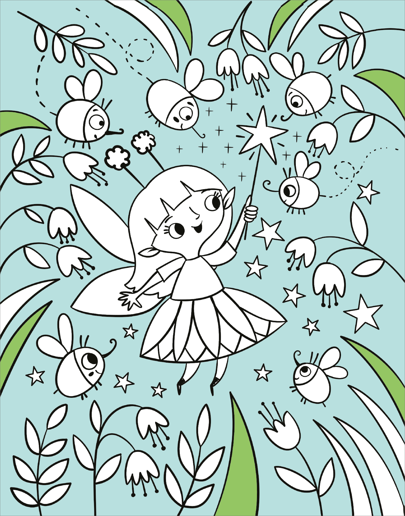 Gezeigt wird eine Innen- oder Zusatzansicht von „Diamant-Malbuch Feen“. Die Illustration zeigt ein fantasievolles Szenario mit einer feenhaften Figur, die einen Zauberstab hält und von fliegenden Bienen umgeben ist. Der Hintergrund ist in sanftem Blau gehalten, während die Bienen und die Feenzeichnung in klaren Konturen, hauptsächlich in Schwarz, hervortreten. Grüne Pflanzen und Blumen runden die Komposition ab, die eine fröhliche, magische Stimmung vermittelt.