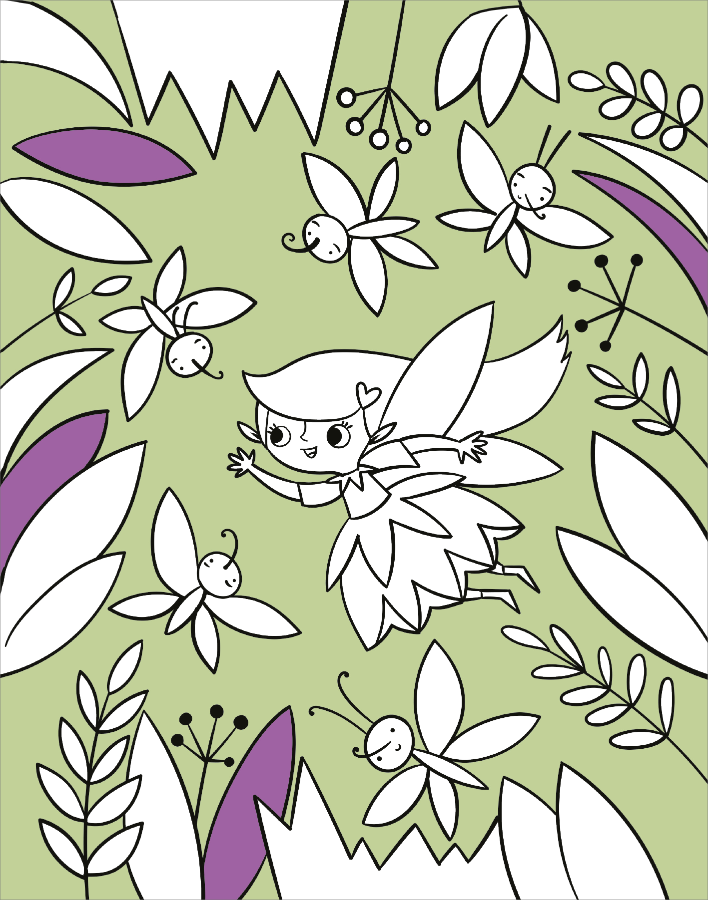 Gezeigt wird eine Innen- oder Zusatzansicht von „Diamant-Malbuch Feen“. Die Illustration zeigt eine schwebende Fee mit langen Haaren, die ein ausladendes Kleid trägt. Umgeben ist sie von stilisierten Blumen, Schmetterlingen und Blättern in sanften Grüntönen sowie lila Akzenten. Die Umrisse sind klar und deutlich, was die Ausmalflächen hervorhebt. Auf dem hellgrünen Hintergrund wirken die Motive freundlich und einladend, ideal für kreative Kinderaktivitäten.