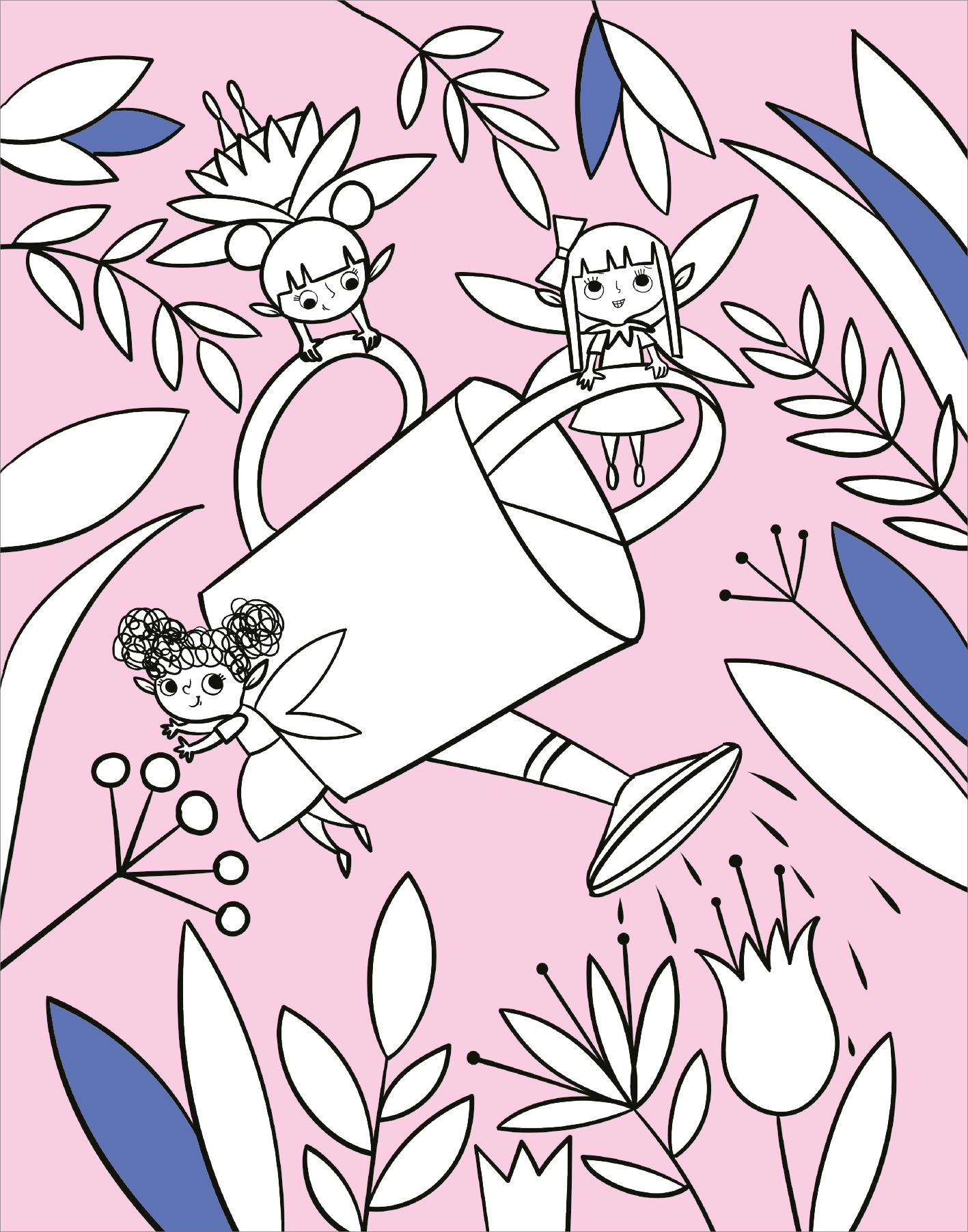 Gezeigt wird eine Innen- oder Zusatzansicht von „Diamant-Malbuch Feen“. Die Illustration zeigt eine verspielte Komposition mit drei kleinen Feen, die eine große Gießkanne tragen. Der Hintergrund ist in sanftem Rosa gehalten und kontrastiert mit bunten, stilisierten Pflanzenelementen in Blau. Die verwendete Linienführung ist klar und detailreich, und die Feen sind freundlich gezeichnet, wodurch eine fantasievolle Atmosphäre vermittelt wird.