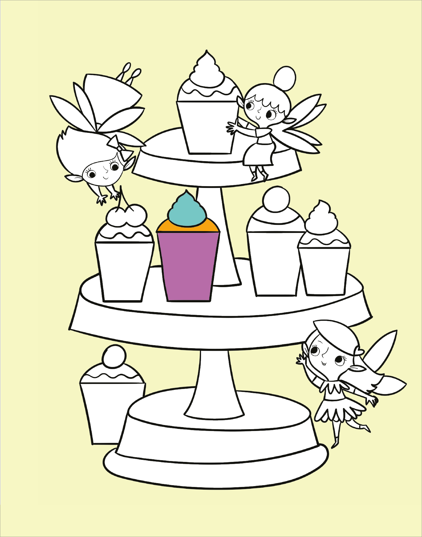 Gezeigt wird eine Innen- oder Zusatzansicht von „Diamant-Malbuch Feen“. Die Illustration zeigt eine wirbelnde Kuchen-Tortenplatte mit verschiedenen Cupcakes. Drei freundliche Feen mit großen, ausladenden Flügeln interagieren spielerisch mit den Köstlichkeiten. Der Hintergrund ist sanft gelb gehalten, während die Cupcakes in verschiedenen Formen und Größen gestaltet sind.