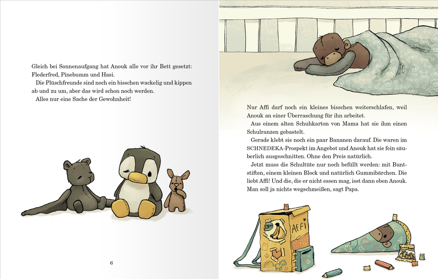 Gezeigt wird eine Innen- oder Zusatzansicht von „Anouk und der verrückte erste Schultag“. Die Illustration zeigt Anouks Kuscheltier Affi, der gemütlich im Bett liegt und schläft. Außerdem sieht man unterhalb des Textes einen selbstgebastelten Schulranzen und eine Schultüte für Affi.