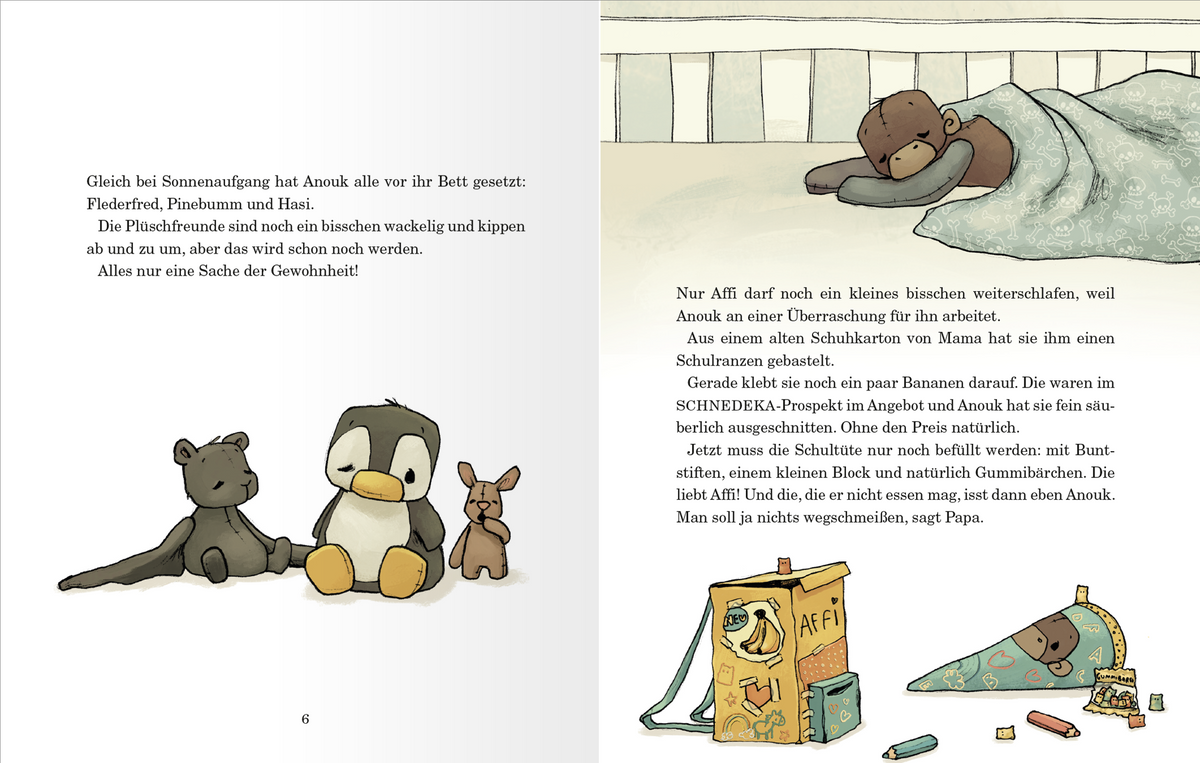 Gezeigt wird eine Innen- oder Zusatzansicht von „Anouk und der verrückte erste Schultag“. Die Illustration zeigt Anouks Kuscheltier Affi, der gemütlich im Bett liegt und schläft. Außerdem sieht man unterhalb des Textes einen selbstgebastelten Schulranzen und eine Schultüte für Affi.