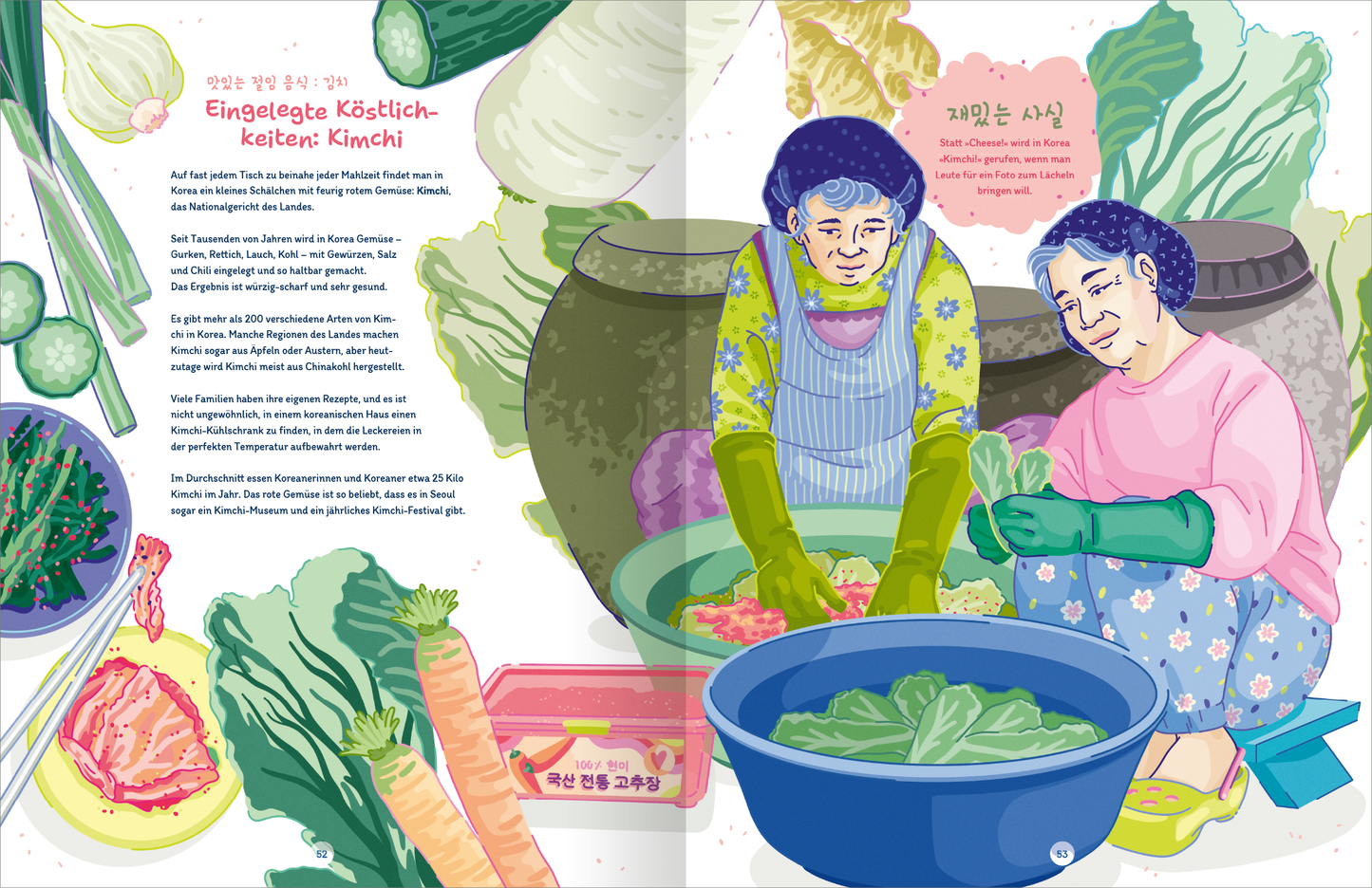 Gezeigt wird eine Innenansicht von „Südkorea“. Zwei ältere Frauen in bunten Overalls und Gummihandschuhen bereiten gemeinsam Kimchi vor. Die linke Frau trägt eine gestreifte Schürze, während die andere in einem rosa Oberteil gekleidet ist. Um sie herum sind frisches Gemüse wie Kohl, Karotten und Gurken angeordnet. Der Hintergrund zeigt große Tontöpfe, in denen das Kimchi eingelegt wird. Die Typografie besteht aus großen, klaren Schriftzeichen in deutscher und koreanischer Sprache....