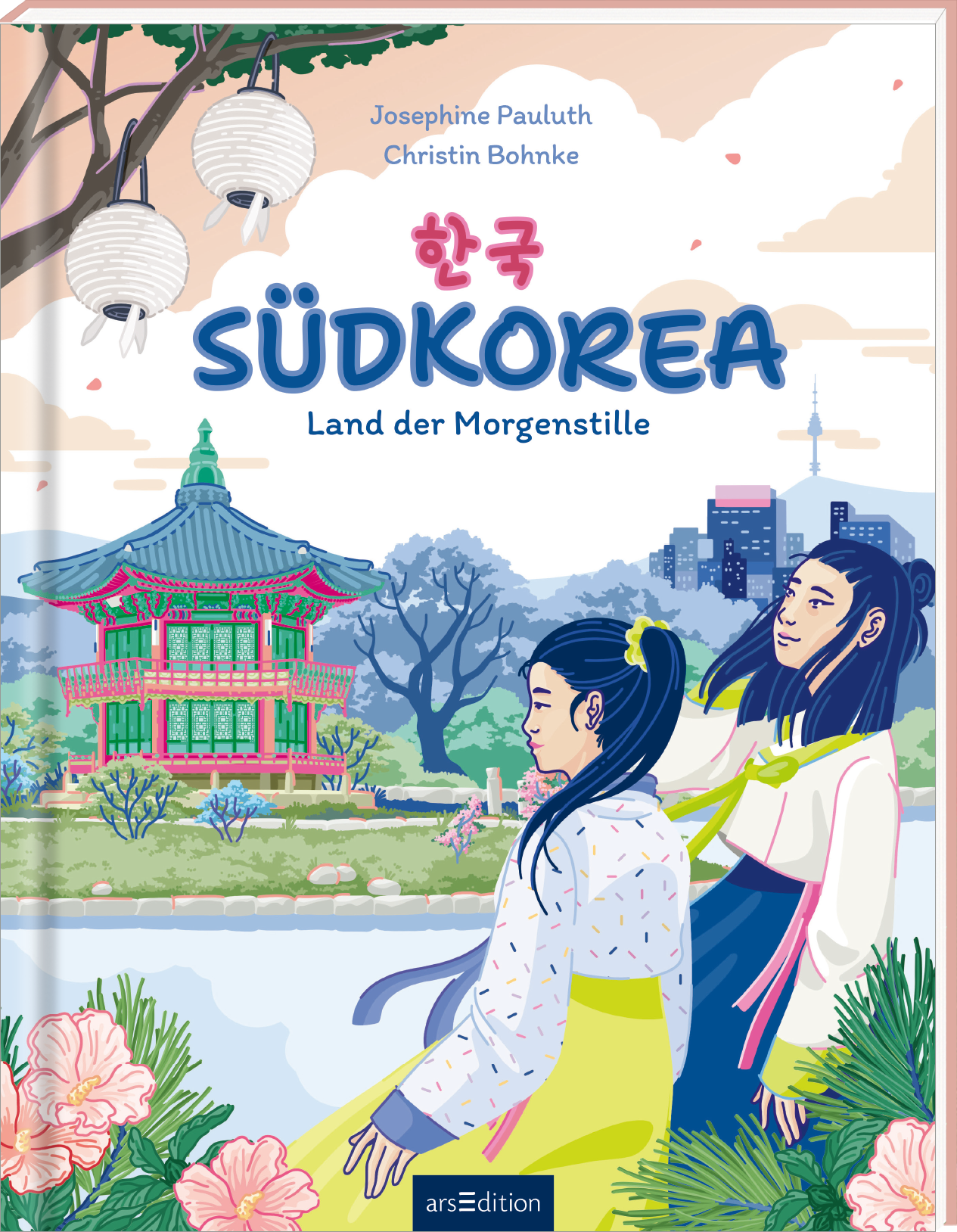 Das Buchcover zeigt eine farbenfrohe Illustration, die eine harmonische Kombination aus traditioneller und moderner Architektur in Südkorea darstellt. Im Vordergrund sind zwei Frauen in traditionellen Kleidern abgebildet, die in eine melancholische, nachdenkliche Pose verharren. Im Hintergrund ist ein stilisiertes Pagodengebäude und moderne Hochhäuser in sanften Pastellfarben zu sehen. Der Titel „SÜDKOREA“ ist prominent in hellblau gestaltet, ergänzt durch den Untertitel „Land der...