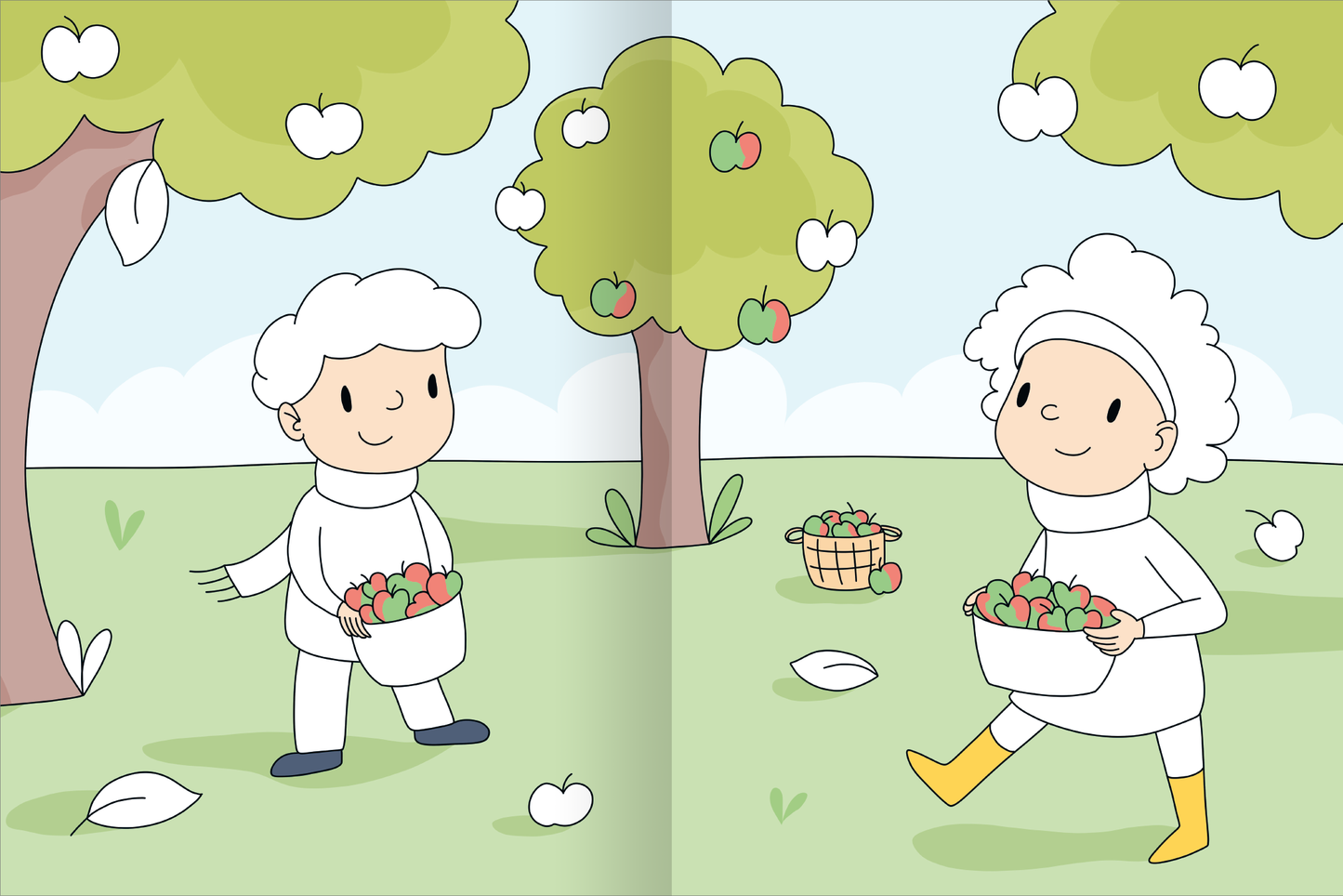Gezeigt wird eine Innen- oder Zusatzansicht von „Mein großes buntes Malbuch – Herbst“. Die Illustration zeigt zwei Kinder, die in einem Obstgarten Äpfel sammeln. Sie tragen helle, freundliche Kleidung in Weiß und Gelb. Die Bäume sind voller grüner Blätter und leuchtender, roter Äpfel. Der Hintergrund ist in sanften Blautönen gehalten, was für eine harmonische herbstliche Atmosphäre sorgt. Die einfache, klare Typografie und der fröhliche Stil laden zum kreativen Mitgestalten ein.