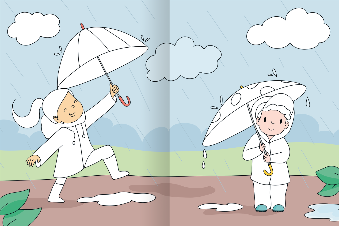 Gezeigt wird eine Innen- oder Zusatzansicht von „Mein großes buntes Malbuch – Herbst“. Die Abbildung zeigt zwei Kinder im Regen, beide tragen helle, wasserabweisende Kleidung. Das Mädchen auf der linken Seite hebt fröhlich ihren Regenschirm, während das andere Kind rechts steht und seinen Schirm hält. Der Hintergrund ist in sanften Pastellfarben gehalten, mit grauen Wolken und einer grünen Wiese. Solche freundlichen und einladenden Farben fördern eine positive Stimmung.