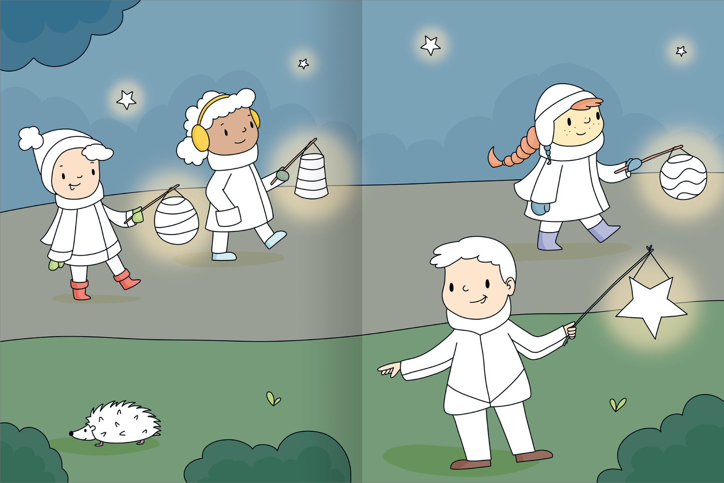 Gezeigt wird eine Innen- oder Zusatzansicht von „Mein großes buntes Malbuch – Herbst“. Die Illustration zeigt mehrere Kinder im Winterkleid, die fröhlich mit Laternen durch eine mondhelle Nacht gehen. Die Farben sind überwiegend in sanften Blau- und Grautönen gehalten, während die Laternen warme Gelbtöne ausstrahlen. Die Typografie ist verspielt und kindgerecht, um die fröhliche und einladende Stimmung zu unterstreichen. Ein Igel ist ebenfalls auf der Wiese zu sehen.
