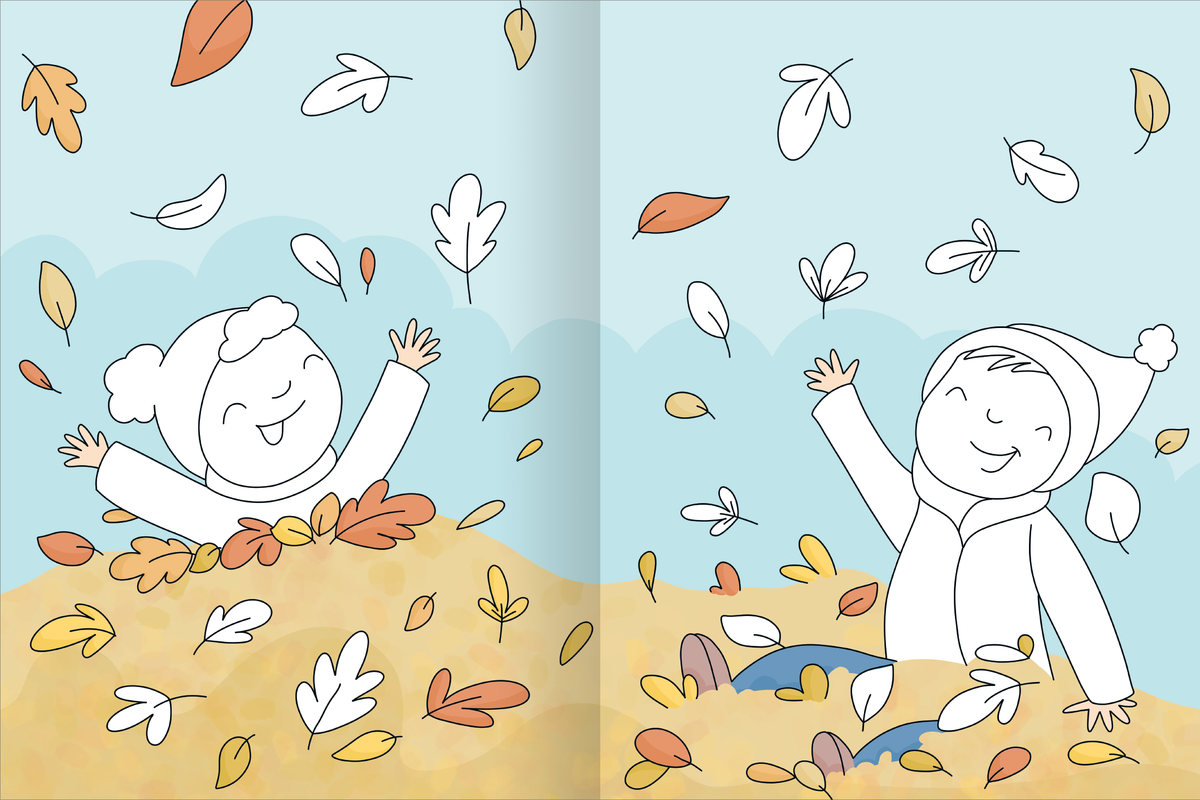 Gezeigt wird eine Innen- oder Zusatzansicht von „Mein großes buntes Malbuch – Herbst“. Die Illustration zeigt zwei fröhliche Kinder, eines trägt einen weißen Schal und das andere einen roten Winterhut. Sie lachen und streuen bunte Herbstblätter in die Luft. Der Hintergrund ist in sanften, hellen Blau- und Beigetönen gestaltet, während die Blätter in Gelb, Orange und Rot leuchten. Die einfache, kinderfreundliche Typografie unterstützt das fröhliche Gesamtdesign.