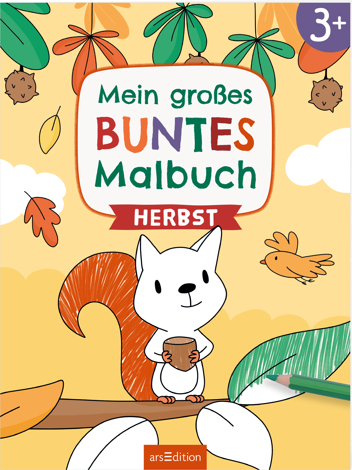 Das Cover zeigt einen cartoonhaften, weißen Eichhörnchen, das eine Tasse hält, vor einem Hintergrund in warmen Gelbtönen mit bunten Herbstblättern. Der Titel „Mein großes BUNTES Malbuch“ ist in verschiedenen Farben und verspielter Schrift platziert, während das Wort „HERBST“ hervorgehoben in Rot auf einem Banner steht. Oben rechts befindet sich die Altersangabe „3+“. Ganz unten mittig steht der Logoschriftzug von arsEdition.