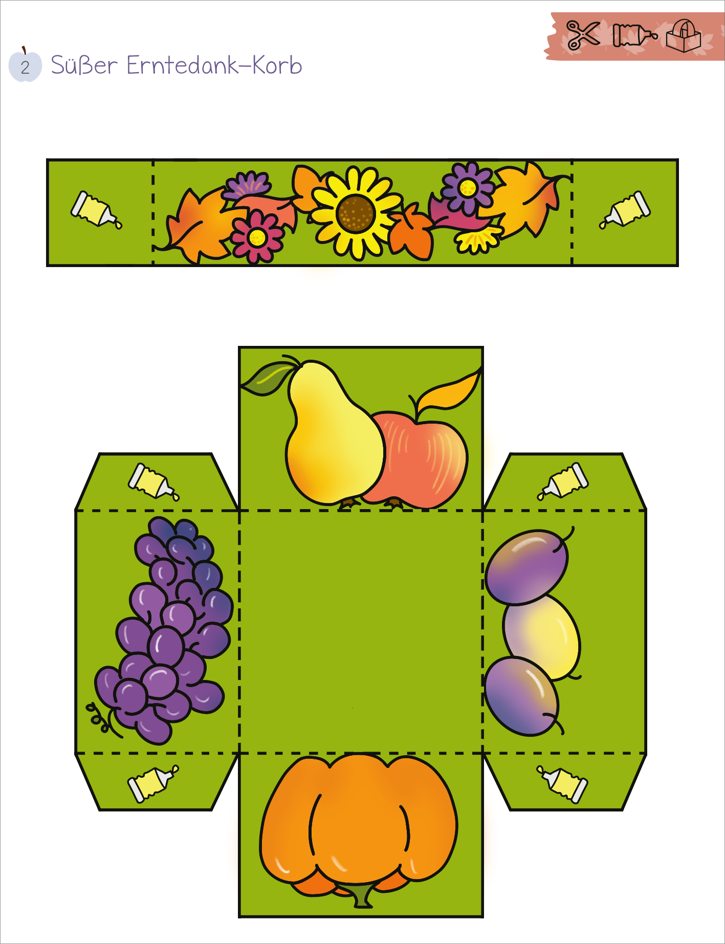 Gezeigt wird eine Innenansicht von „Mein erstes großes Herbst-Bastelheft“. Die Abbildung zeigt eine Vorlagenseite für einen Erntedank-Korb, umgeben von bunten, herbstlichen Motiven wie Sonnenblumen, Blättern und Obst. Die Farben sind lebhaft und warm, mit dominierenden Grüntönen für den Hintergrund und leuchtenden Gelb-, Orange- und Violetttönen für die Illustrationen. Die klare, kindgerechte Typografie ist gut lesbar und ergänzt die fröhliche Gestaltung.