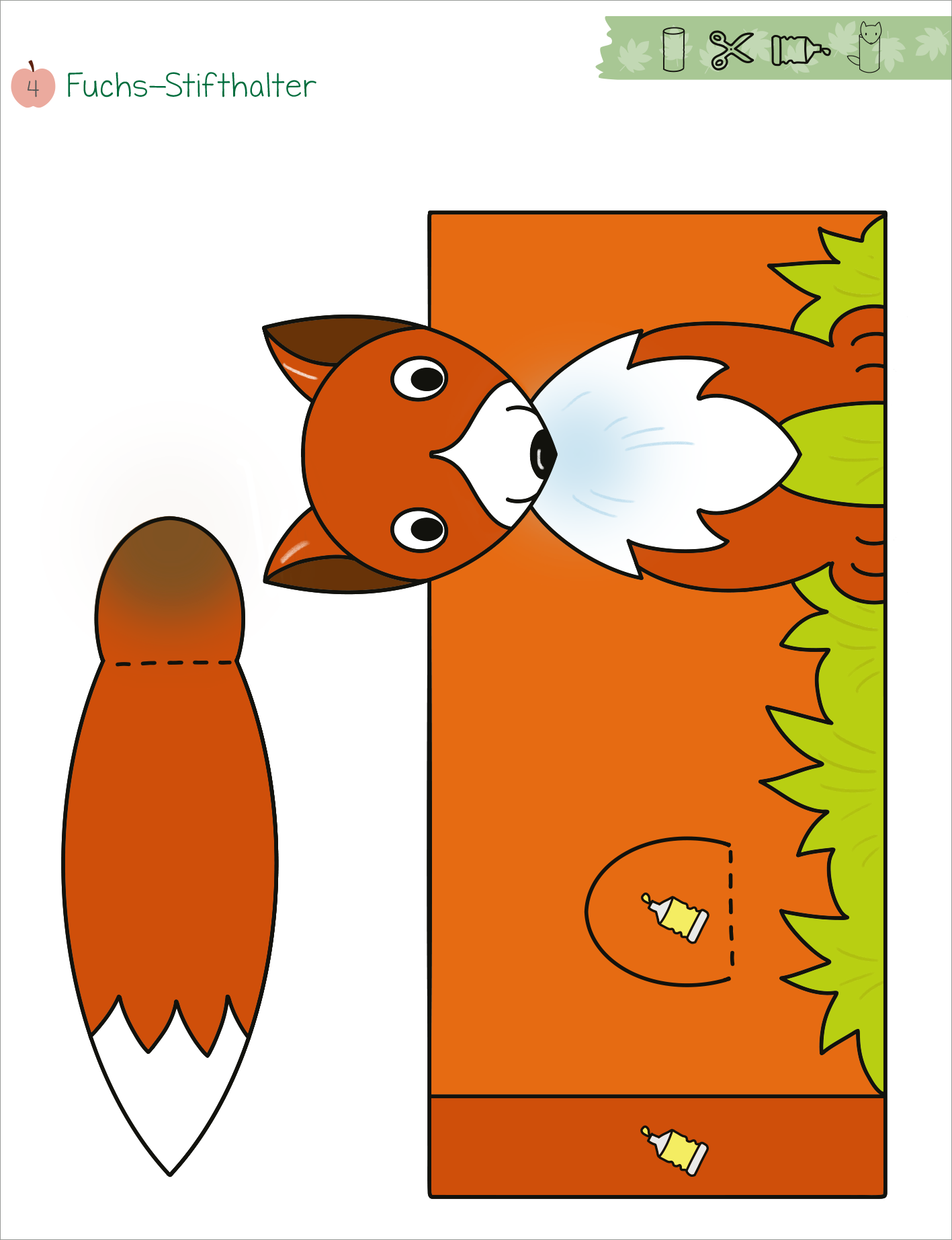 Gezeigt wird eine Innen- oder Zusatzansicht von „Mein erstes großes Herbst-Bastelheft“. Auf der Seite ist ein Fuchs-Stifthalter abgebildet. Der Fuchs ist in warmen Orangetönen gehalten und hat einen freundlichen Gesichtsausdruck. Im Hintergrund sind grüne Wiesen zu sehen. Die Typografie ist klar und farbenfroh, mit einer eingängigen Überschrift, die den Bastelgegenstand präsentiert. Die Elementgestaltung fördert Kreativität und Spaß am Basteln.