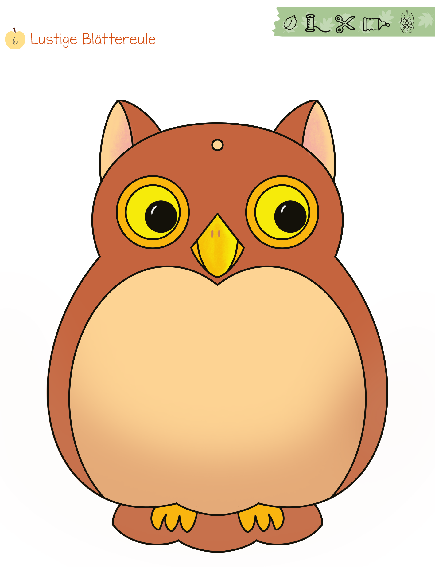 Gezeigt wird eine Innen- oder Zusatzansicht von „Mein erstes großes Herbst-Bastelheft“. Die Darstellung zeigt eine lustige, runde Eule in warmen Brauntönen mit großen, leuchtend gelben Augen und einem orangefarbenen Schnabel. Die Eule hat leichte, freundliche Gesichtszüge und steht vor einem hellen Hintergrund. Oben links befindet sich eine übersichtliche Nummerierung und einfache Symbole in sanften Farben, die eine klare und kinderfreundliche Typografie verwenden.